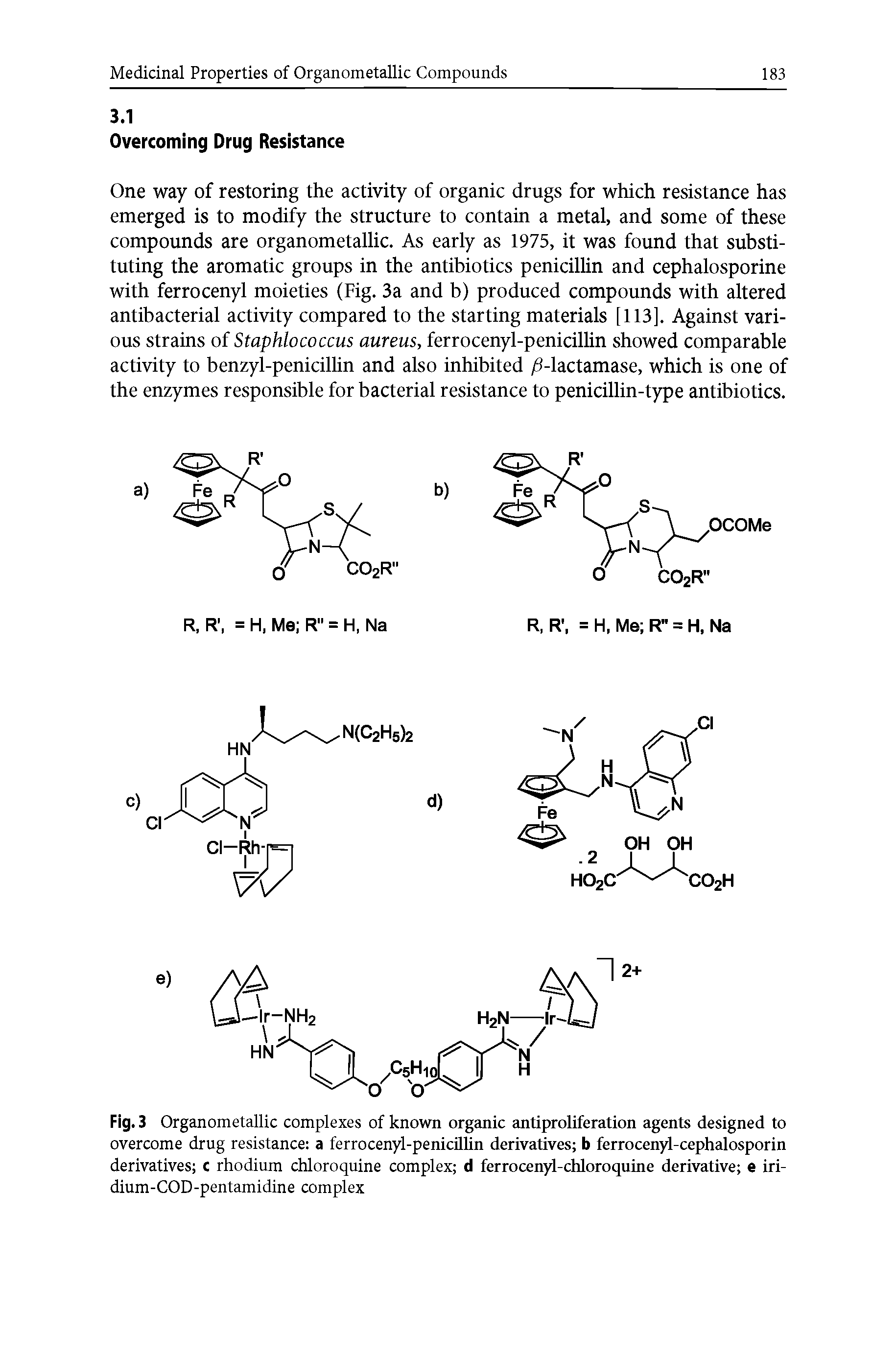 Fig. 3 Organometallic complexes of known organic antiproliferation agents designed to overcome drug resistance a ferrocenyl-penicillin derivatives b ferrocenyl-cephalosporin derivatives c rhodium chloroquine complex d ferrocenjd-chloroquine derivative e iri-dium-COD-pentamidine complex...