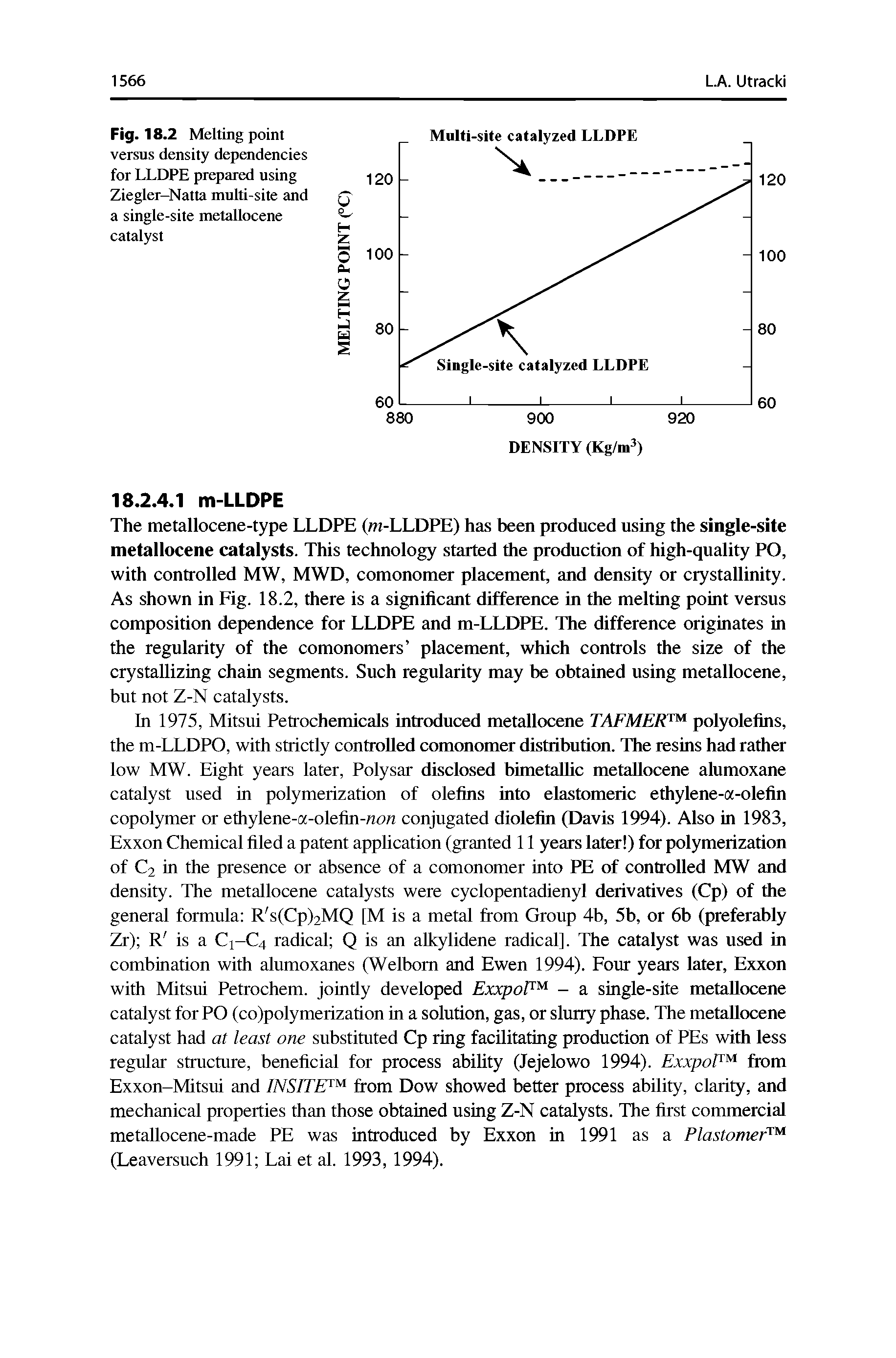 Fig. 18.2 Melting point versus density dependencies for LLDPE prepared using Ziegler-Natta multi-site and a single-site metallocene catalyst...