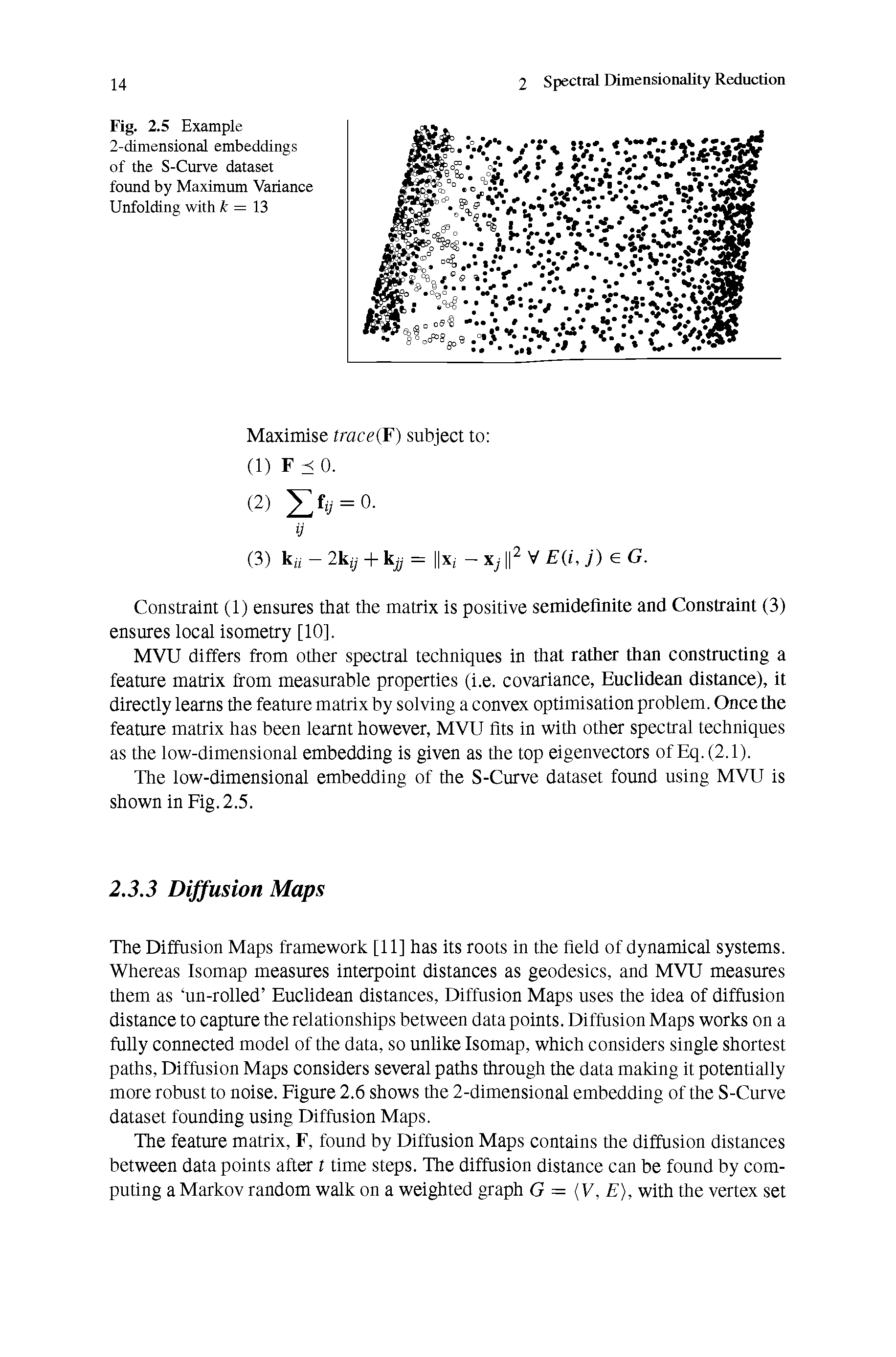 Fig. 2.5 Example 2-dimensional embeddings of the S-Curve dataset found by Maximum Variance Unfolding with = 13...