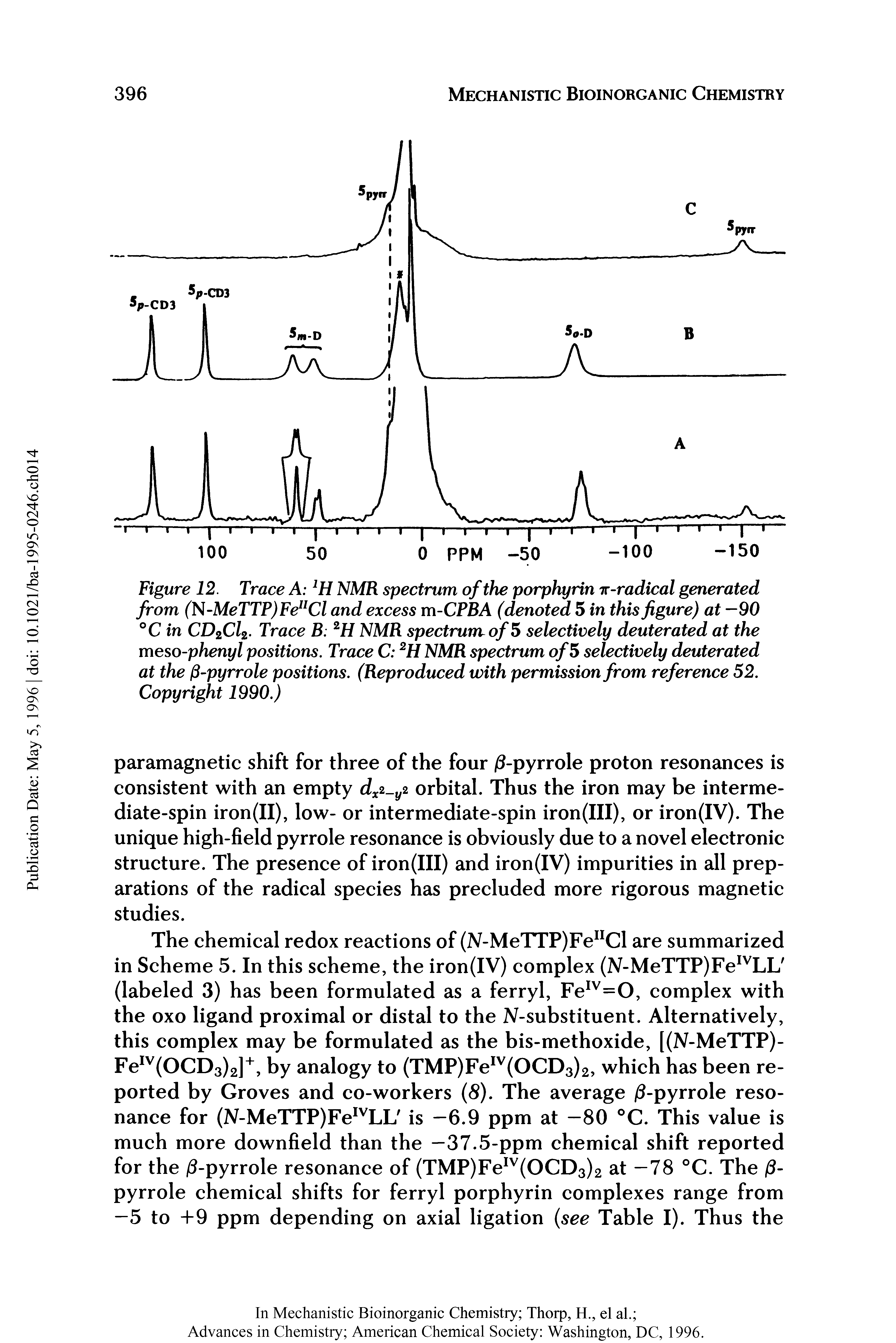 Figure 12. Trace A 1H NMR spectrum of the porphyrin x-radical generated from (N -MeTTP)FenCl and excess m-CPBA (denoted 5 in this figure) at —90 °C in CD2Cl2. Trace B 2H NMR spectrum of 5 selectively deuterated at the meso-phenyl positions. Trace C 2H NMR spectrum of 5 selectively deuterated at the /3-pyrrole positions. (Reproduced with permission from reference 52. Copyright 1990.)...