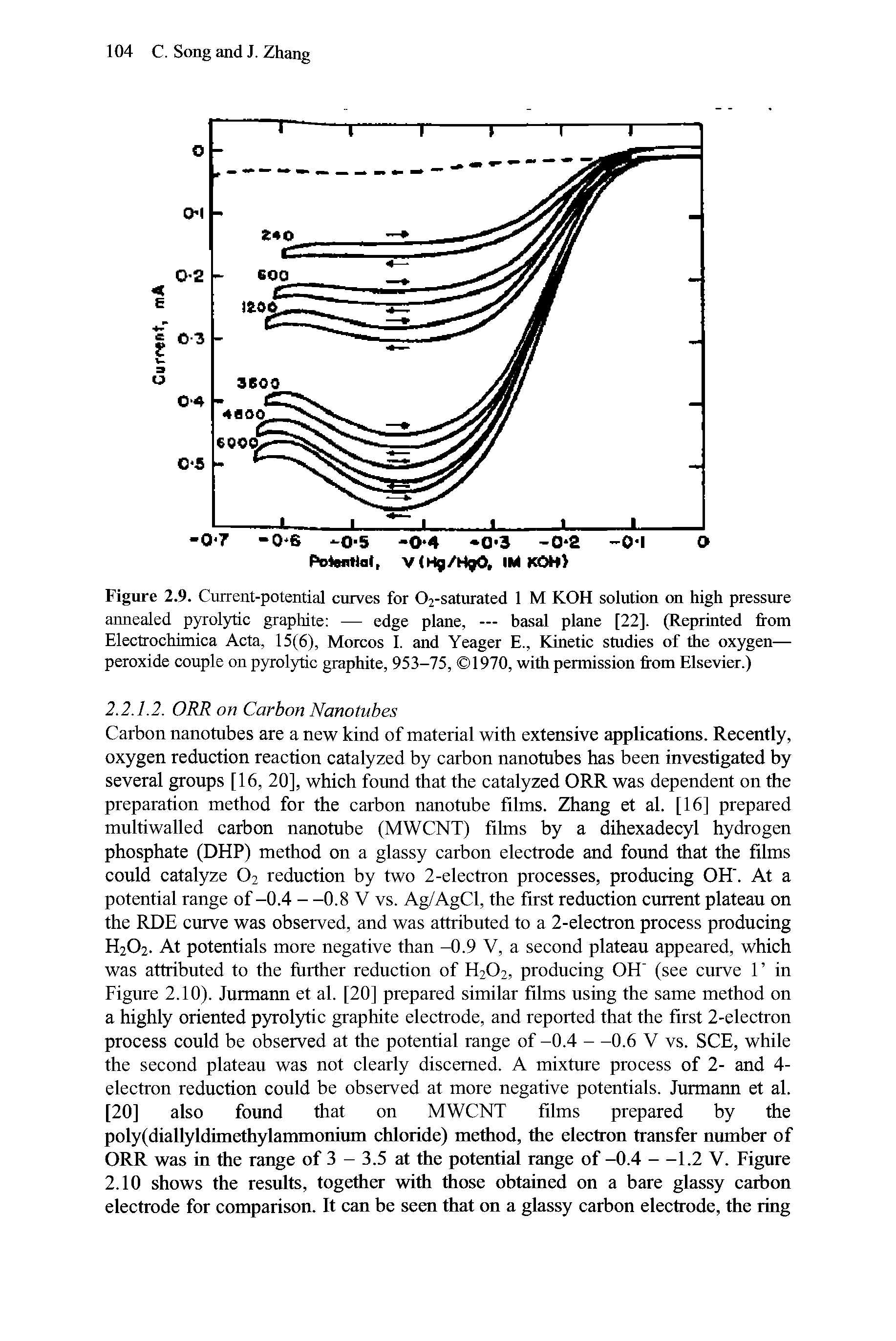 Figure 2.9. Current-potential curves for 02-saturated 1 M KOH solution on high pressure annealed pyrolytic graphite — edge plane, — basal plane [22]. (Reprinted from Electrochimica Acta, 15(6), Morcos 1. and Yeager E., Kinetic studies of the oxygen— peroxide couple on pyrolytic graphite, 953-75, 1970, with permission from Elsevier.)...