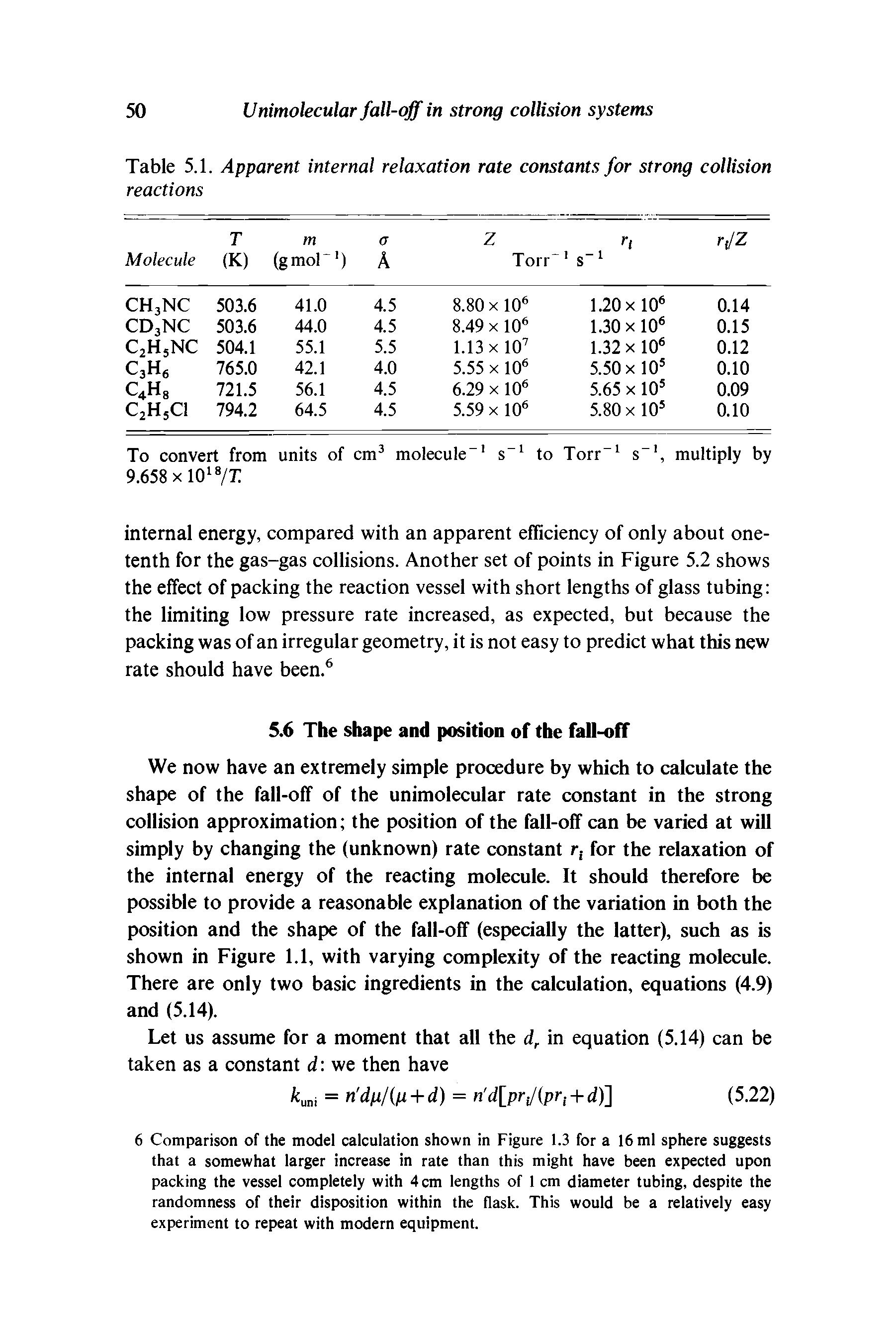 Table 5.1. Apparent internal relaxation rate constants for strong collision reactions...