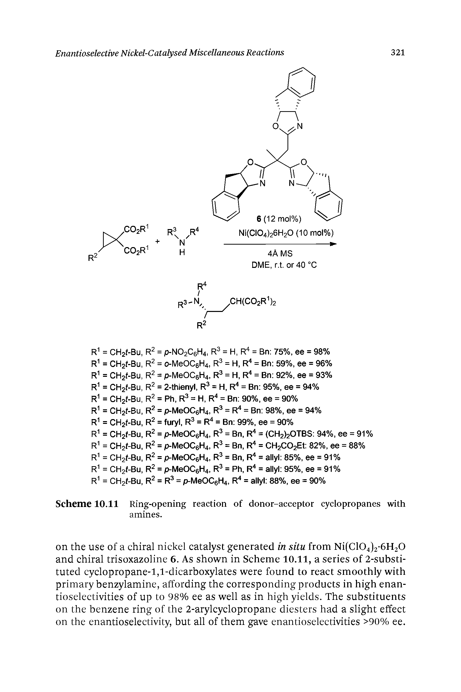 Scheme 10.11 Ring-opening reaction of donor-acceptor cyclopropanes with amines.