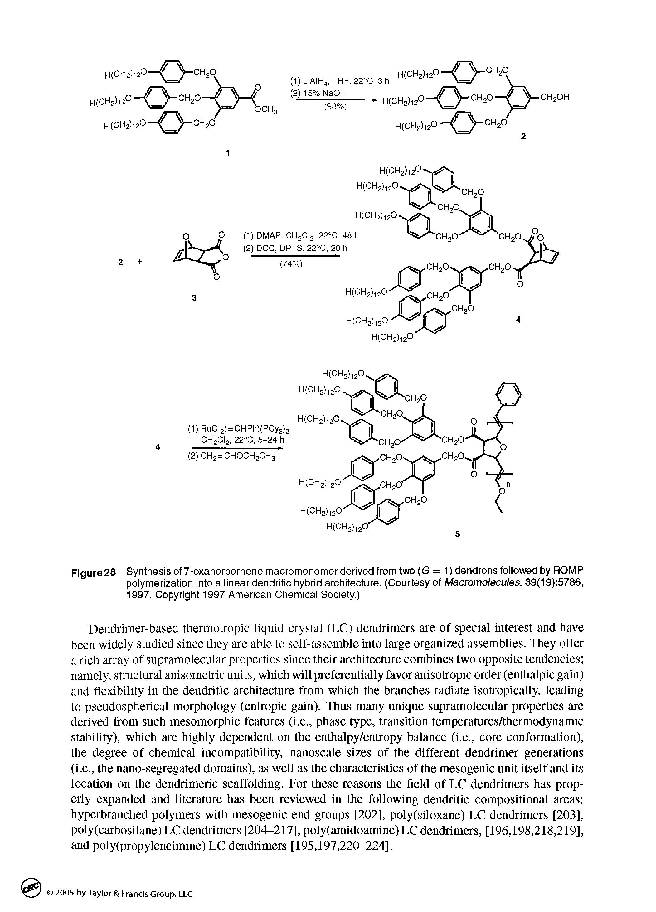 Figure 28 Synthesis of 7-oxanorbornene macromonomer derived from two (G = 1)dendronsfoiiowedby ROMP polymerization into a linear dendritic hybrid architecture. (Courtesy of Macromolecules, 39(19) 5786, 1997. Copyright 1997 American Chemical Society.)...