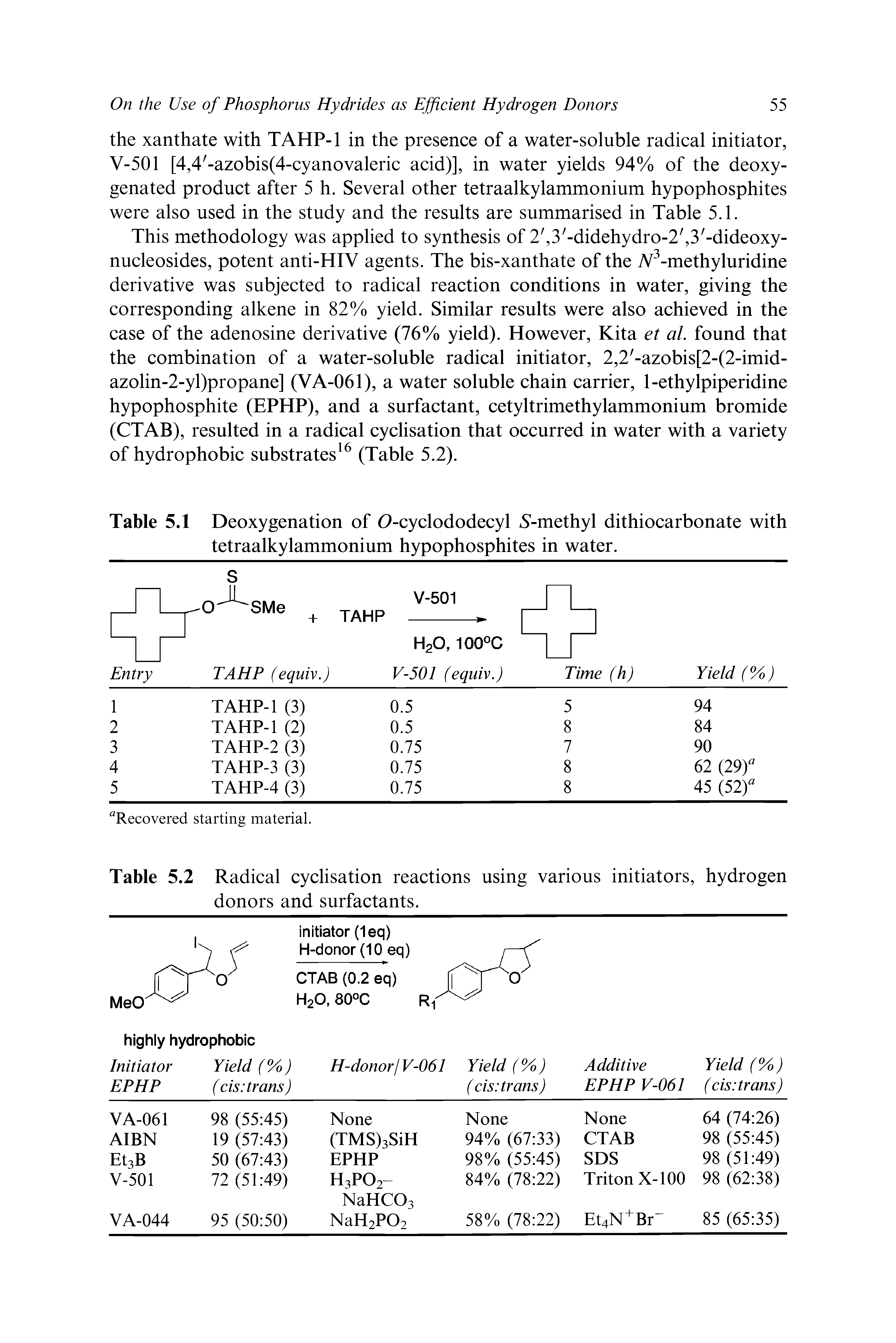 Table 5.1 Deoxygenation of O-cyclododecyl S-methyl dithiocarbonate with tetraalkylammonium hypophosphites in water.