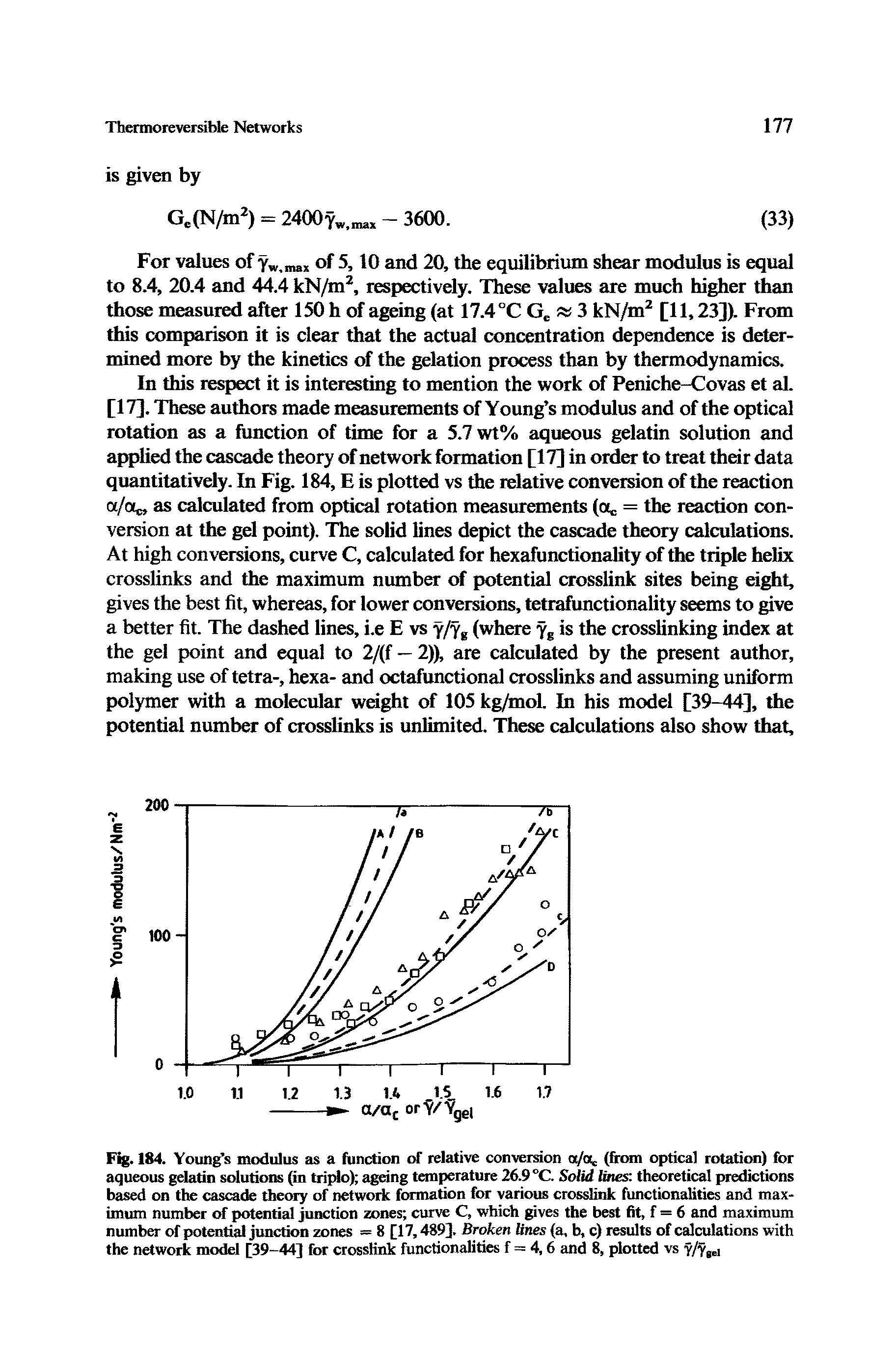 Fig. 184. Young s modulus as a function of relative conversion a/a (finrni optical rotation) for aqueous gelatin solutions (in tripio) i eing temperature 26.9 °C. Solid lines theoretical predictions based on the cascade theory of network formation for various crosslink functionalities and maximum number of potoitial junction zones curve C, which gives the best fit, f = 6 and maximum number potential juiK tion zones = 8 [17,489j. Broken lines (a, b, c) results of calculaticms with the network model [39-44] for crosslink functionalities f = 4,6 and 8, plotted vs y/f i...