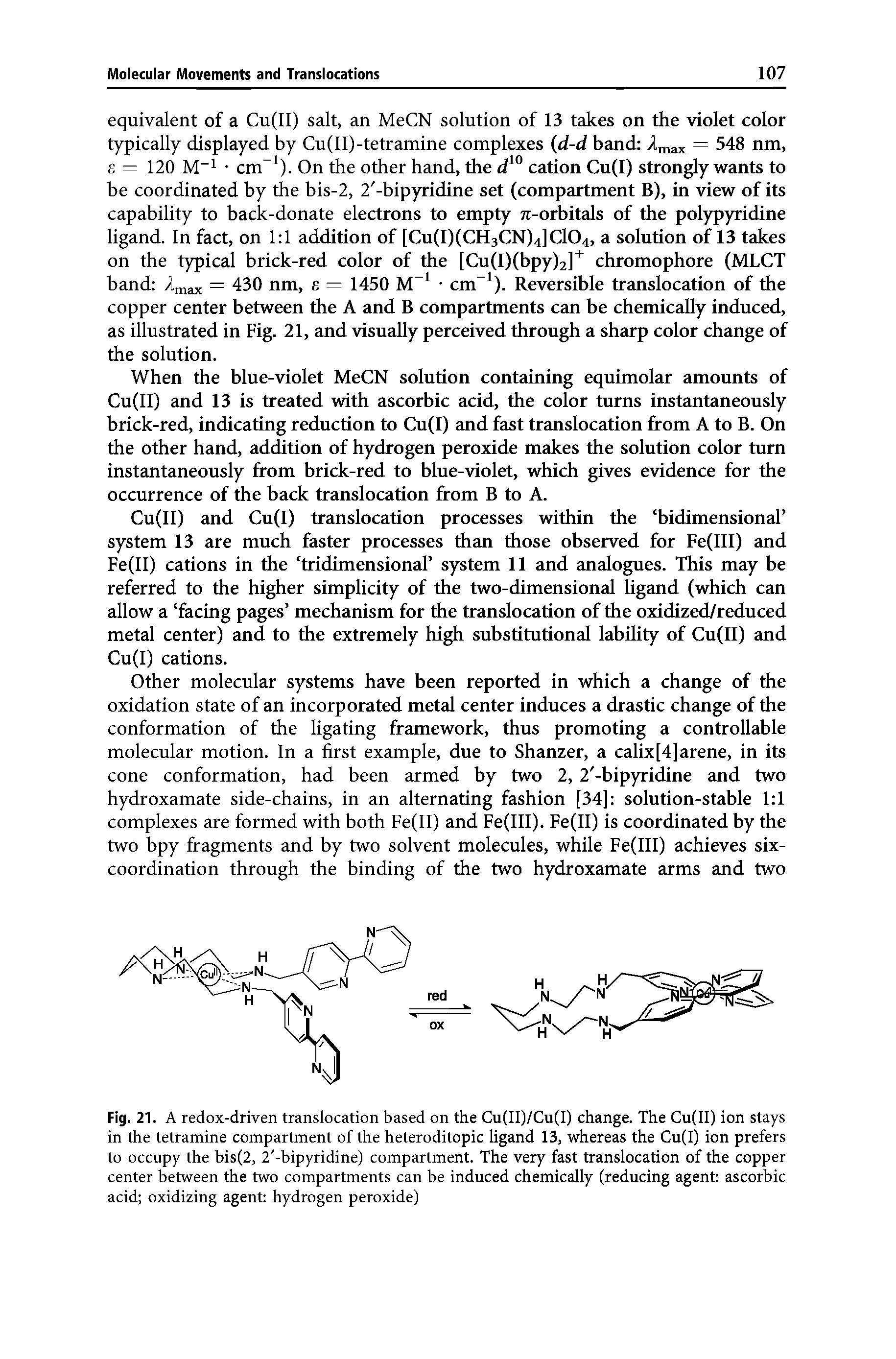 Fig. 21. A redox-driven translocation based on the Cu(II)/Cu(I) change. The Cu(II) ion stays in the tetramine compartment of the heteroditopic ligand 13, whereas the Cu(I) ion prefers to occupy the bis(2, 2 -bipyridine) compartment. The very fast translocation of the copper center between the two compartments can be induced chemically (reducing agent ascorbic acid oxidizing agent hydrogen peroxide)...