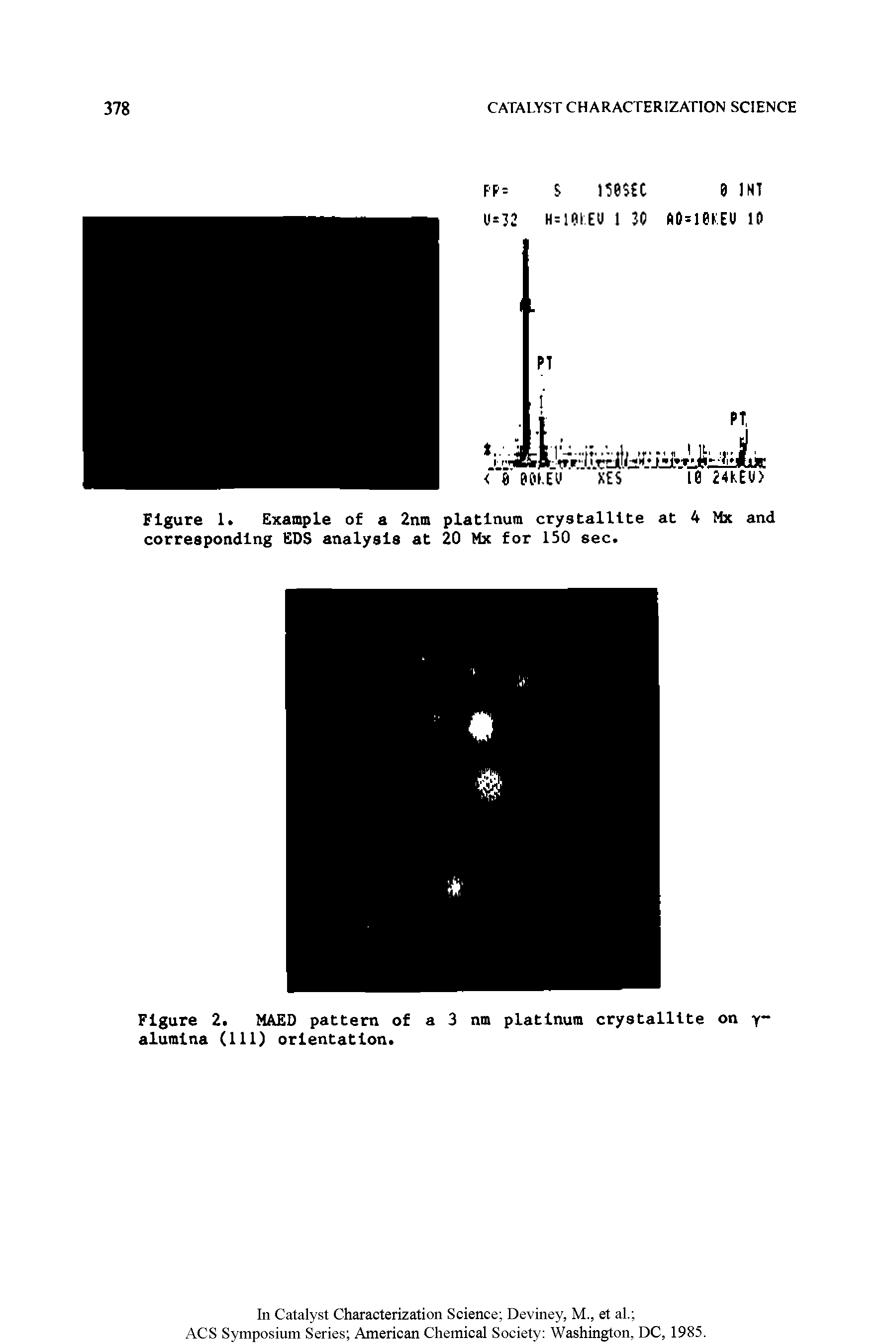 Figure 1. Example of a 2nm platinum crystallite at 4 Mx and corresponding EDS analysis at 20 Mx for 150 sec.