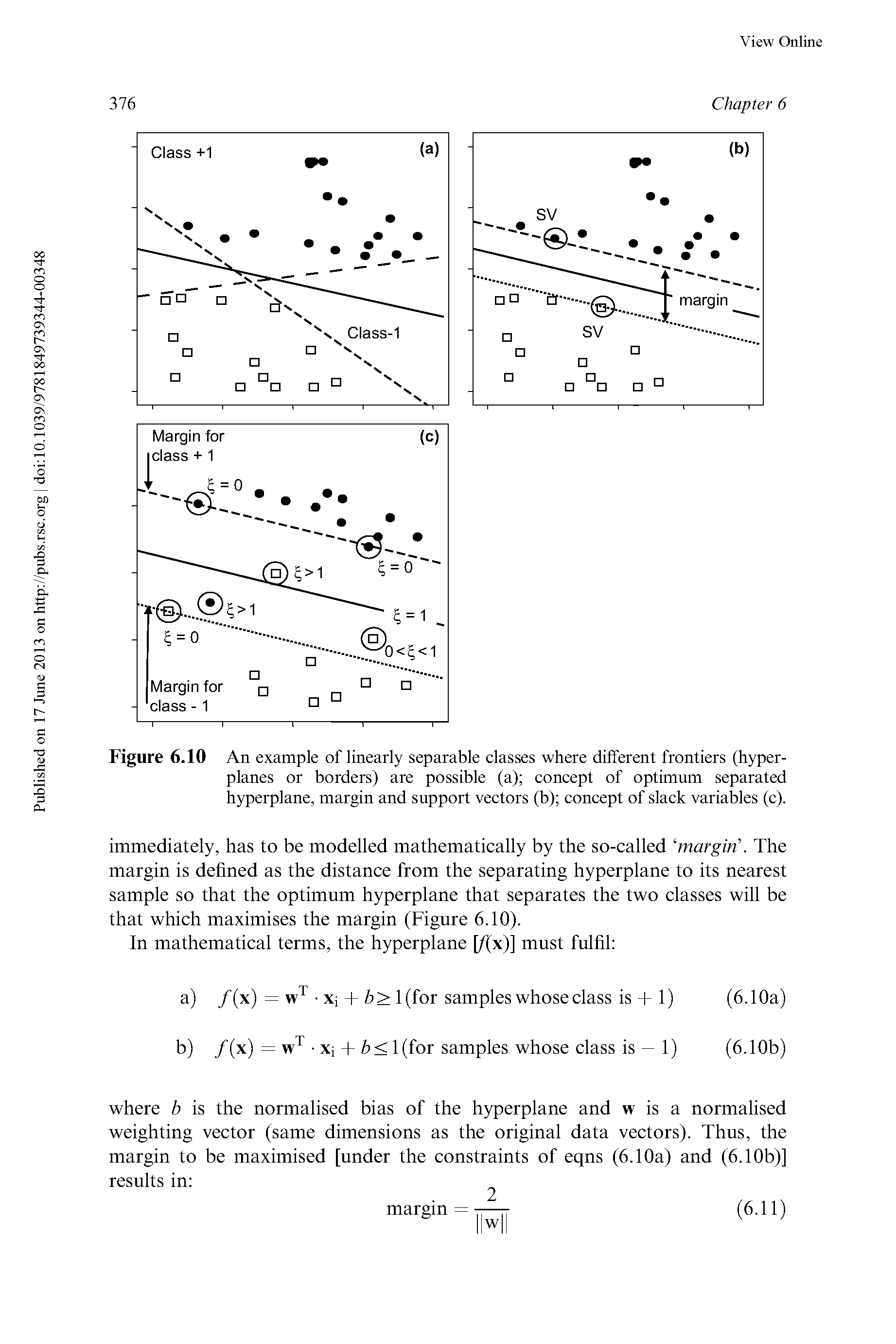 Figure 6.10 An example of linearly separable classes where different frontiers (hyperplanes or borders) are possible (a) concept of optimum separated hyperplane, margin and support vectors (b) concept of slack variables (c).