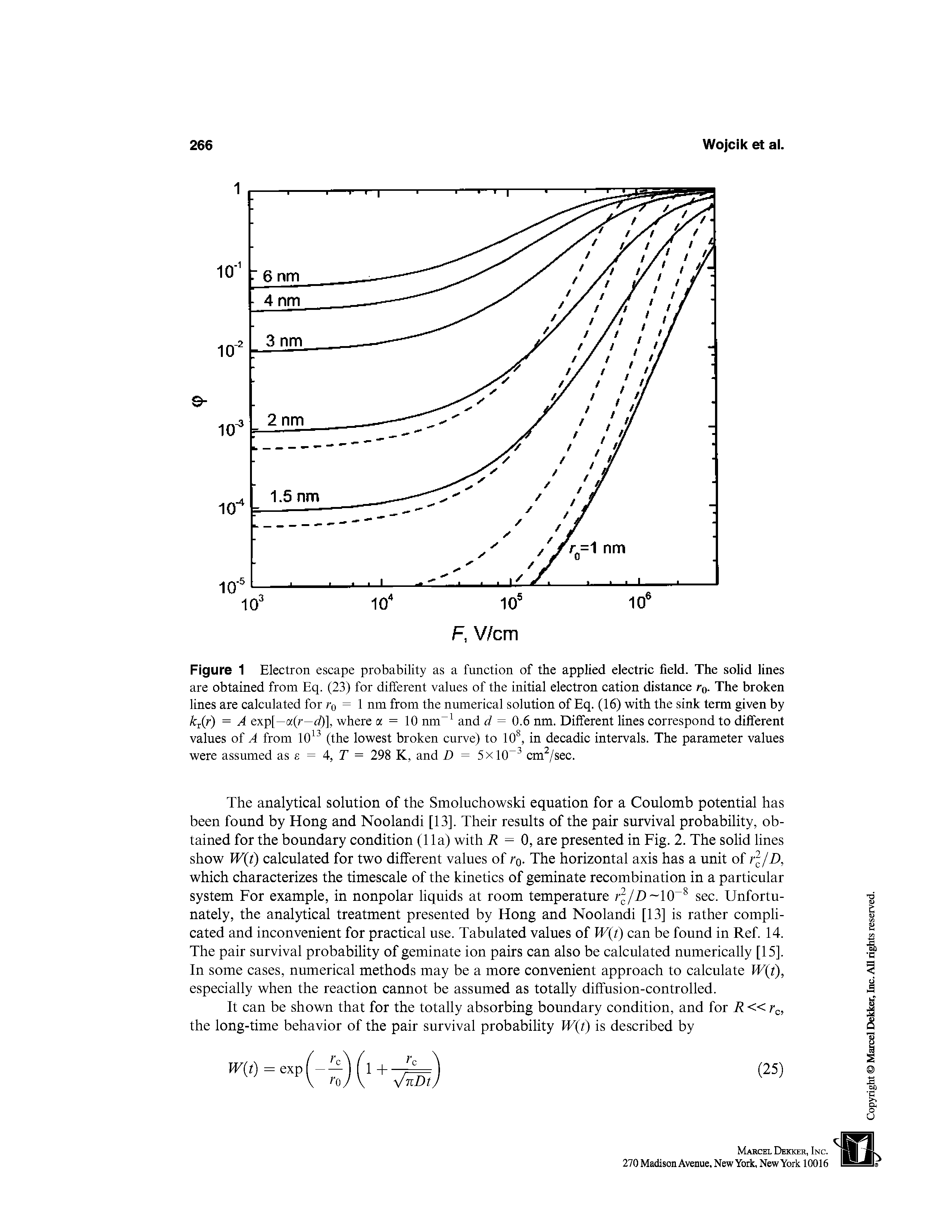 Figure 1 Electron escape probability as a function of the applied electric field. The solid lines are obtained from Eq. (23) for different values of the initial electron cation distance ro- The broken lines are calculated for ro = 1 nm from the numerical solution of Eq. (16) with the sink term given by k r) = A exp[—a(r—<i)], where a = 10 nm and d = 0.6 nm. Different lines correspond to different values of A from 10 (the lowest broken curve) to 10, in decadic intervals. The parameter values were assumed as = 4, T = 298 K, and D = 5x10 cm /sec.