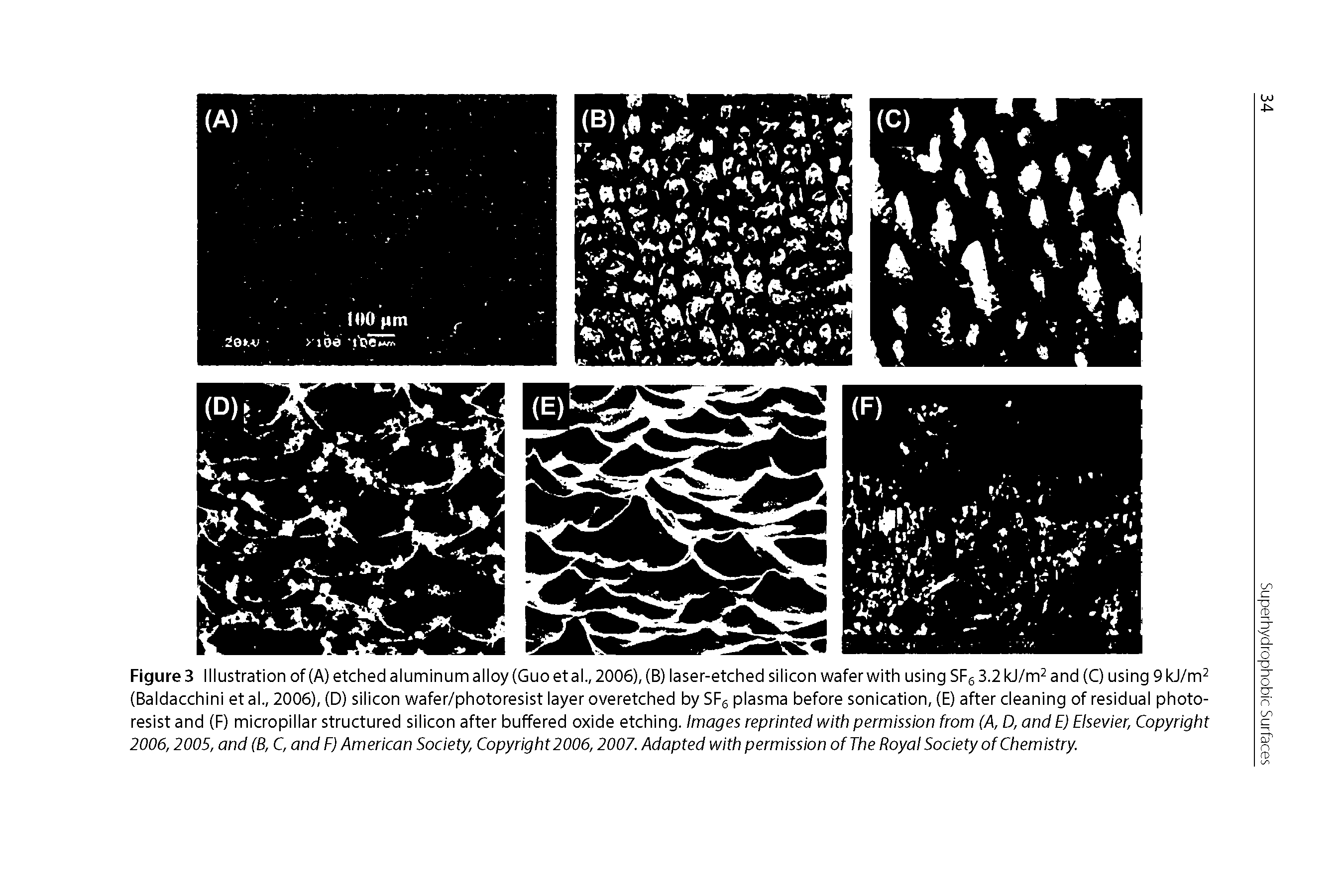 Figures Illustration of (A) etched aluminumalloy (Guo etal., 2006), (B) laser-etched silicon wafer with using SF6 3.2kJ/m2 and (C) using OkJ/m (Baldacchini et al., 2006), (D) silicon wafer/photoresist layer overetched by SFg plasma before sonication, (E) after cleaning of residual photoresist and (F) micropillar structured silicon after buffered oxide etching. Images reprinted with permission from (A, D, and E) Elsevier, Copyright 2006,2005, and (B, C, and E) American Society, Copyright2006,2007. Adapted with permission of The Royal Society of Chemistry.