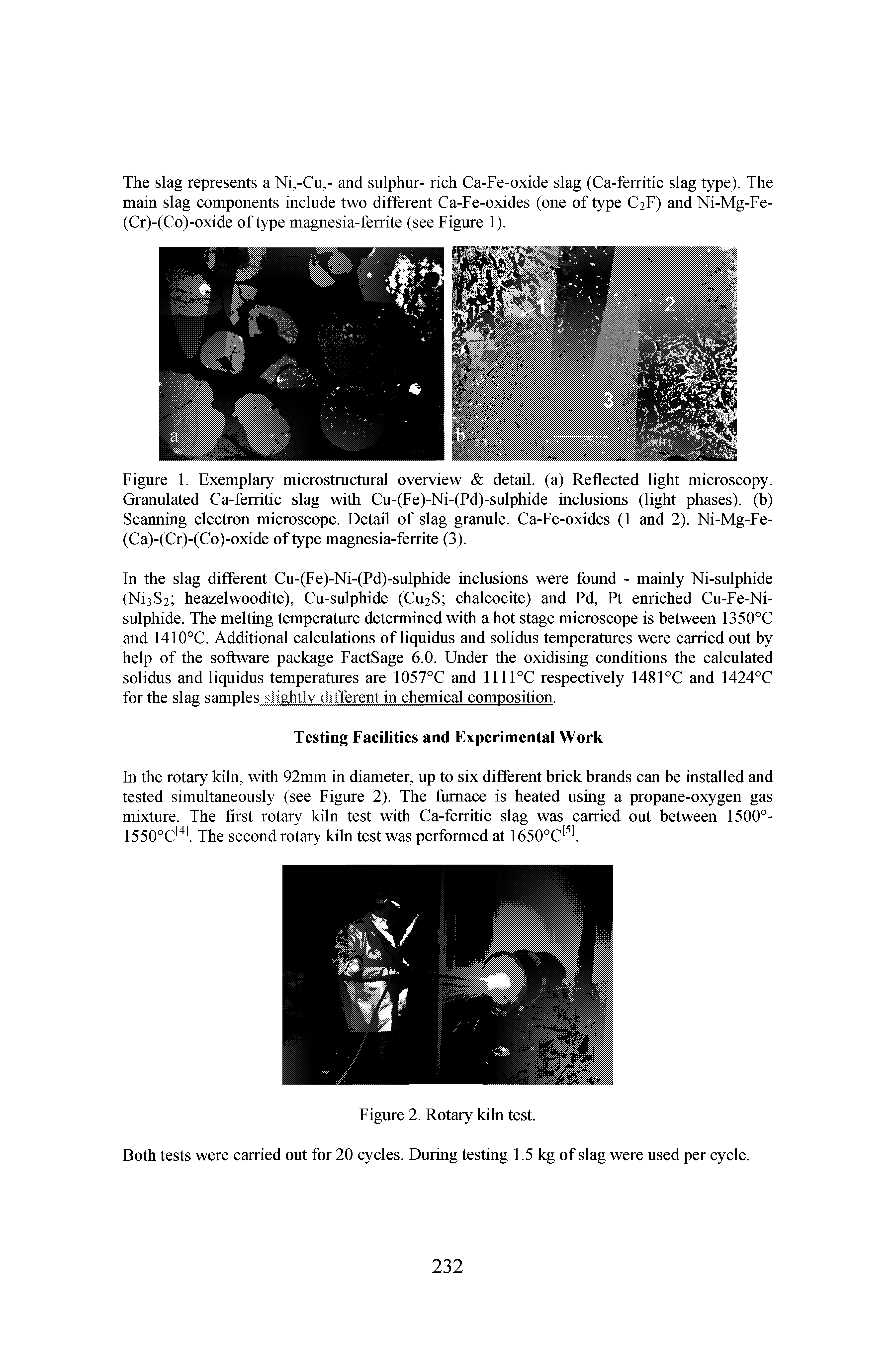 Figure 1. Exemplary microstructural overview detail, (a) Reflected light microscopy. Granulated Ca-ferritic slag with Cu-(Fe)-Ni-(Pd)-sulphide inclusions (light phases), (b) Scanning electron microscope. Detail of slag granule. Ca-Fe-oxides (1 and 2). Ni-Mg-Fe-(Ca)-(Cr)-(Co)-oxide of type magnesia-ferrite (3).