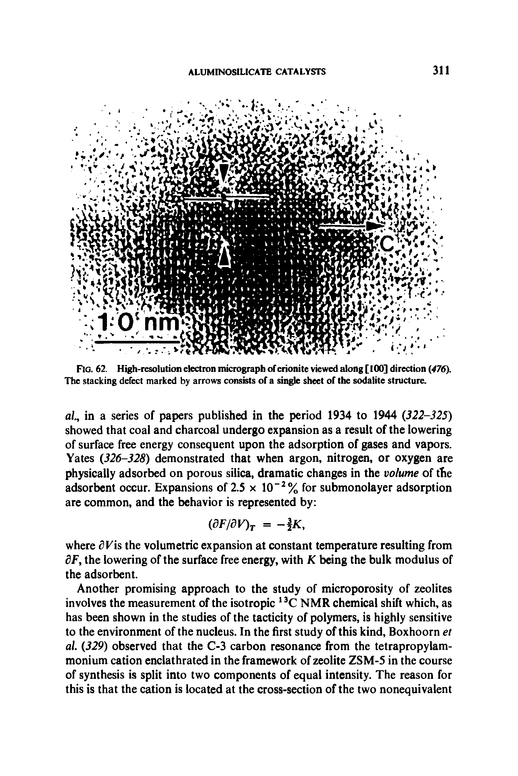 Fig. 62. High-resolution electron micrograph of erionite viewed along [ 100] direction (476). The stacking defect marked by arrows consists of a single sheet of the sodalite structure.