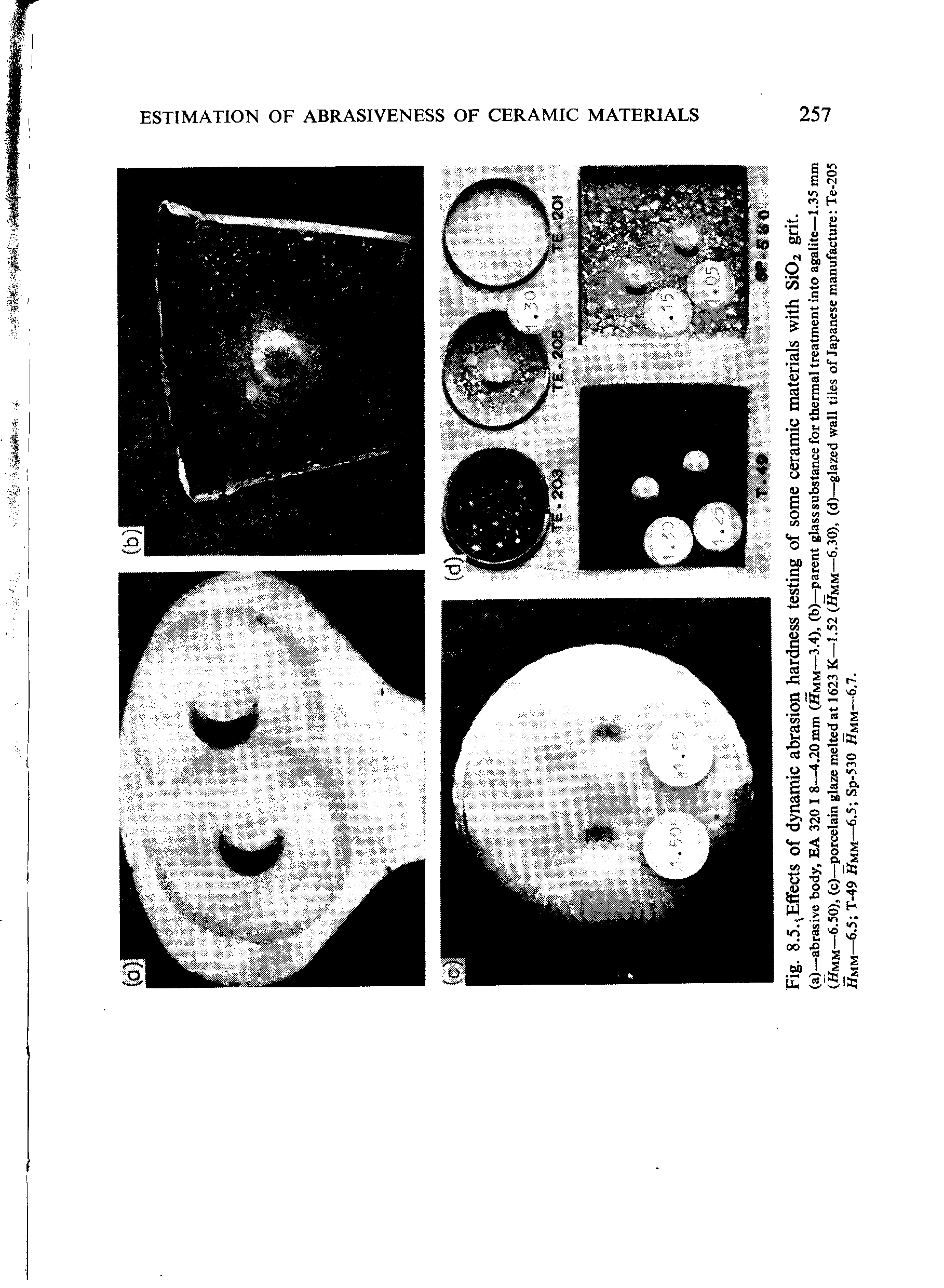 Fig. 8.5..,EfFects of dynamic abrasion hardness testing of some ceramic materials with Si02 grit.