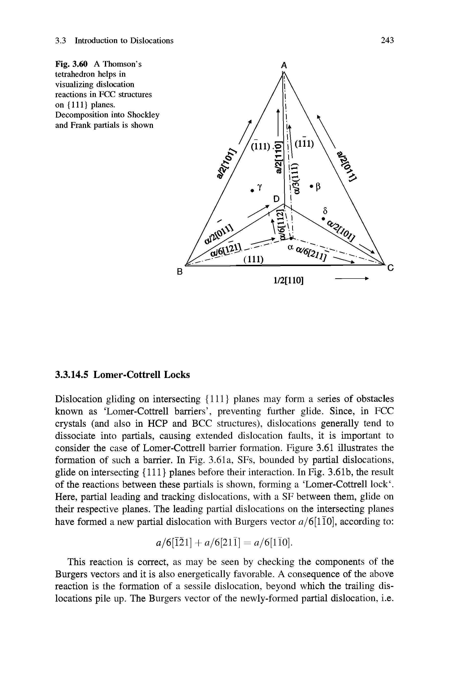 Fig. 3.60 A Thomson s tetrahedron helps in visualizing dislocation reactions in FCC structures on 111) planes. Decomposition into Shockley and Frank paitials is shown...