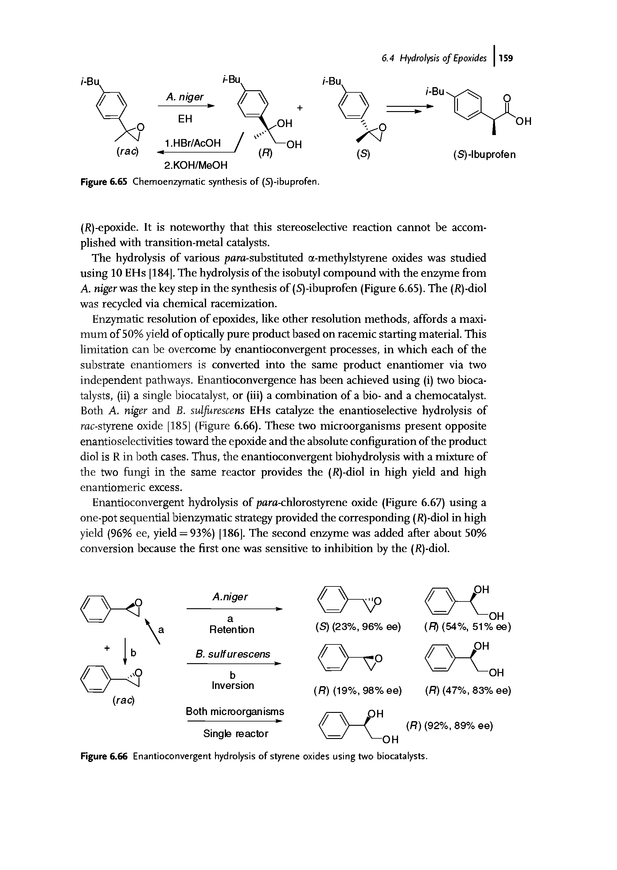 Figure 6.66 Enantioconvergent hydrolysis of styrene oxides using two biocatalysts.