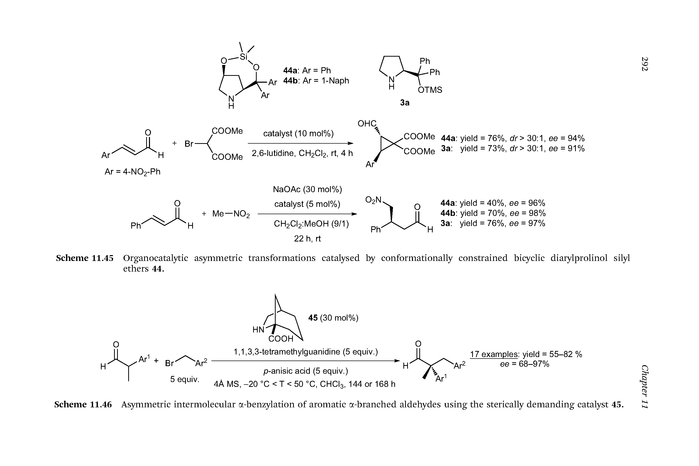 Scheme 11.45 Organocatalytic asymmetric transformations catalysed by conformationally constrained bicyclic diarylprolinol silyl ethers 44.