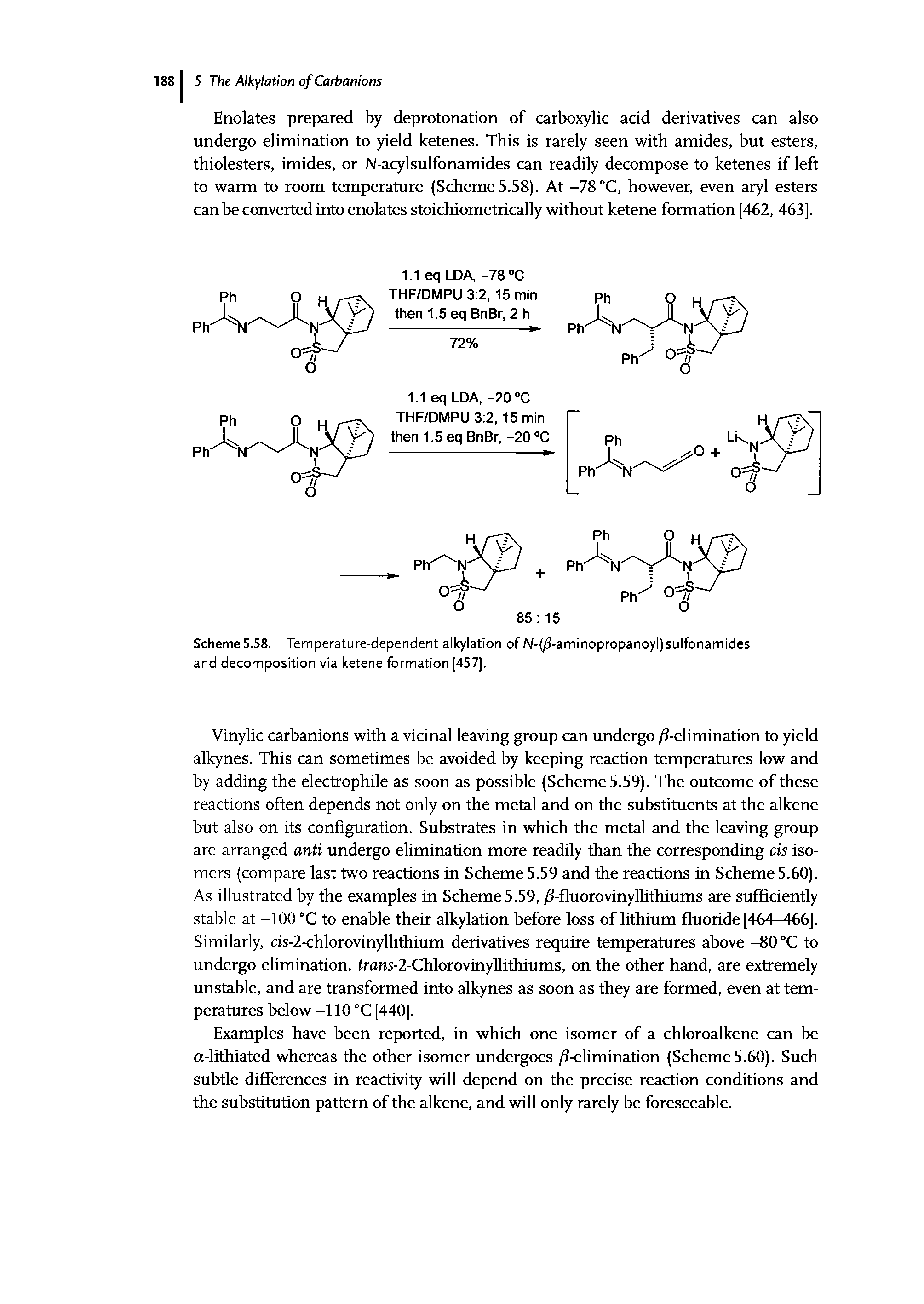 Scheme5.58. Temperature-dependent alkylation of N-(/3-aminopropanoyl)sulfonamides and decomposition via ketene formation [457].