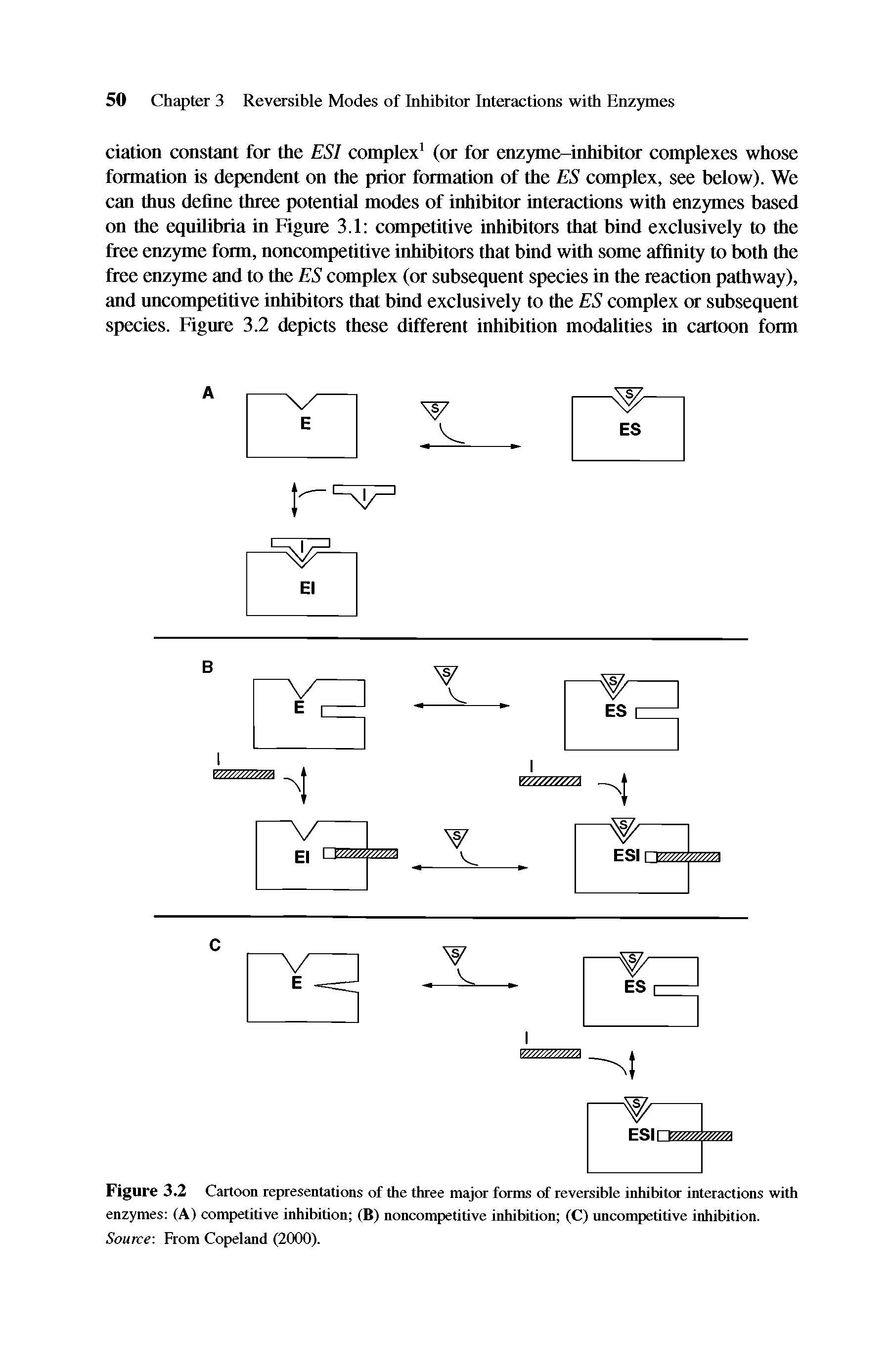 Figure 3.2 Cartoon representations of the three major forms of reversible inhibitor interactions with enzymes (A) competitive inhibition (B) noncompetitive inhibition (C) uncompetitive inhibition. Source-. From Copeland (2000).