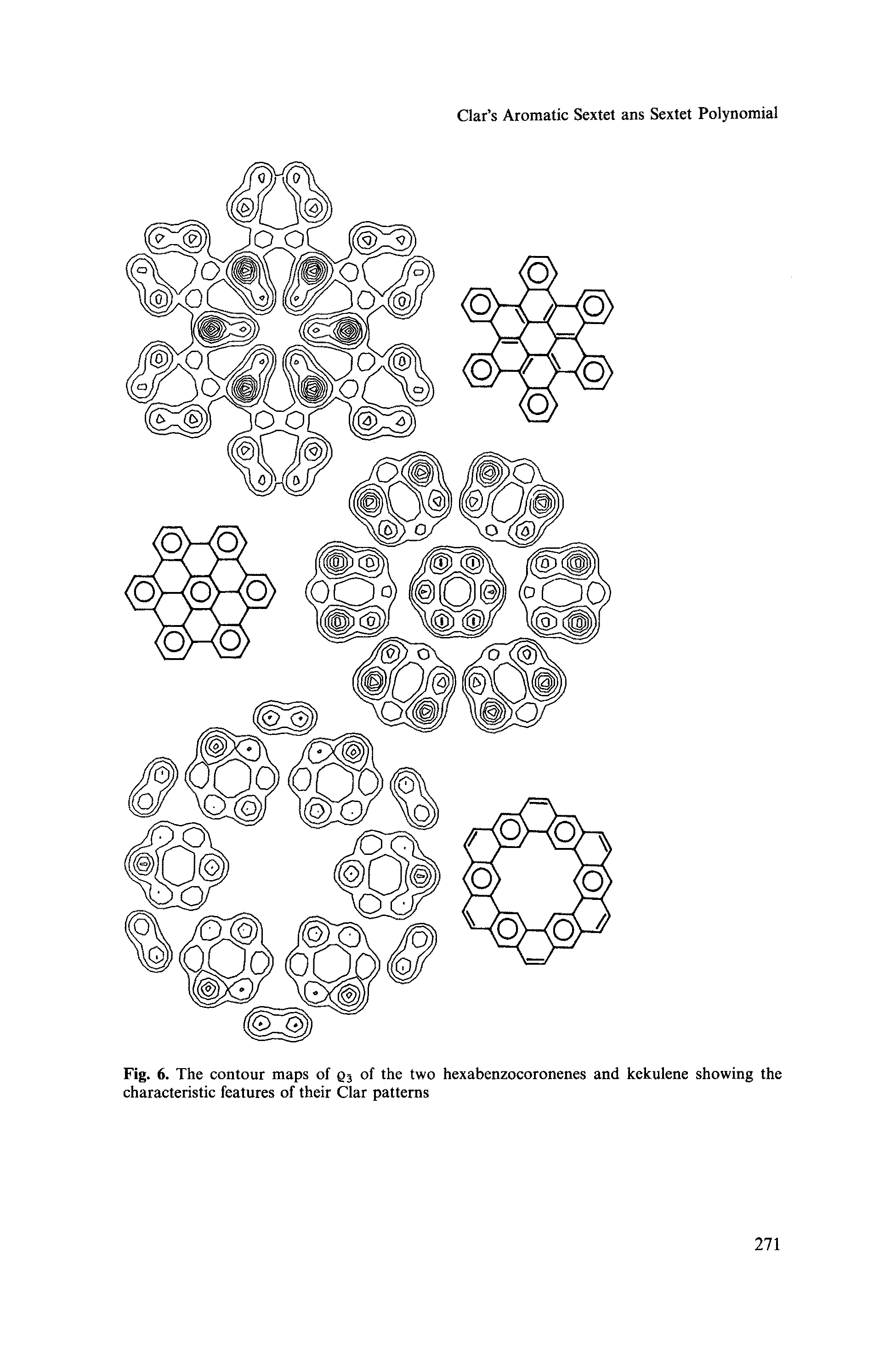 Fig. 6. The contour maps of q3 of the two hexabenzocoronenes and kekulene showing the characteristic features of their Clar patterns...