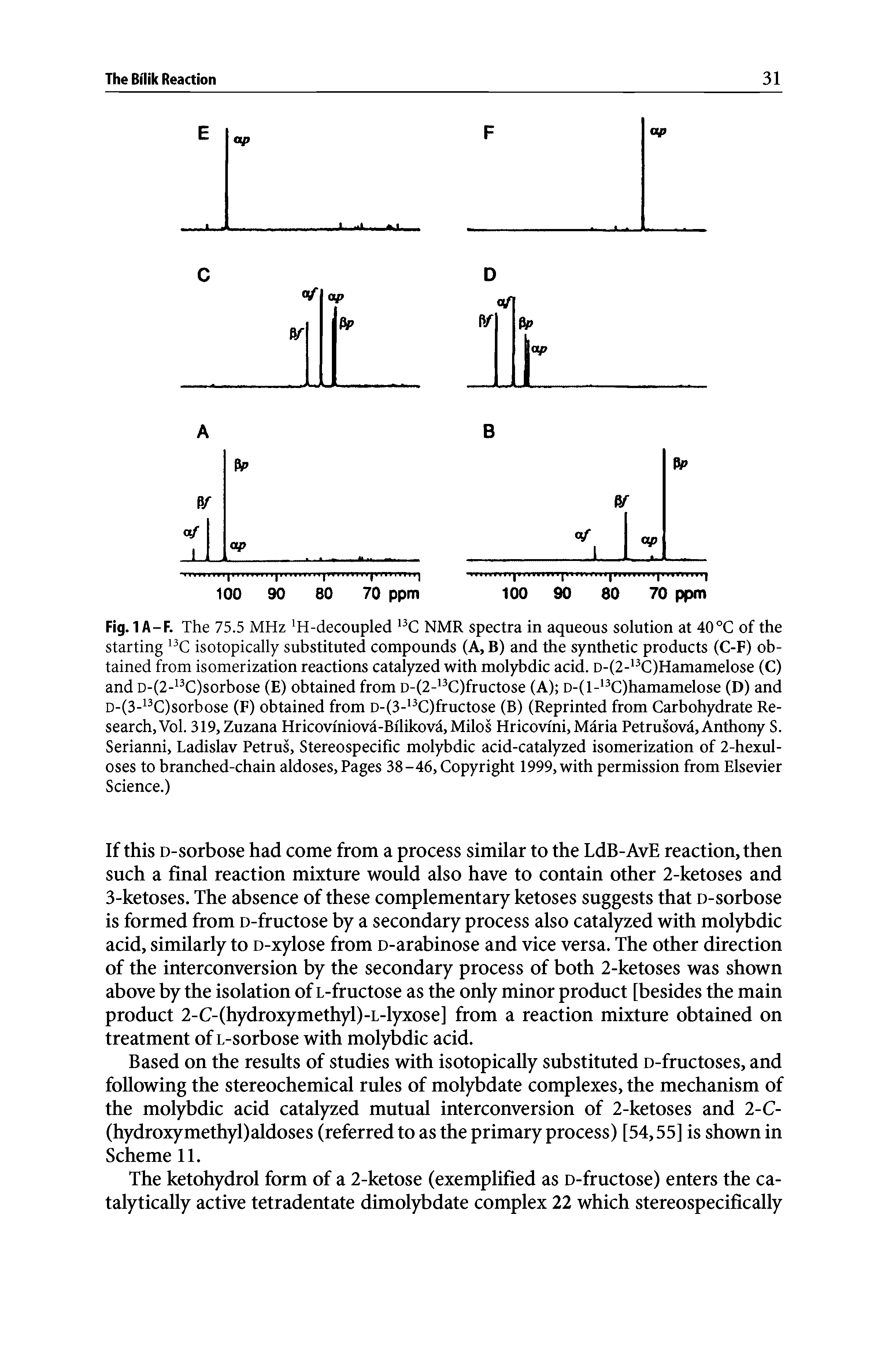 Fig. 1A-F. The 75.5 MHz H-decoupled NMR spectra in aqueous solution at 40°C of the starting isotopically substituted compounds (A, B) and the synthetic products (C-F) obtained from isomerization reactions catalyzed with molybdic acid. D-(2- C)Hamamelose (C) and D-(2- C)sorbose (E) obtained from D-(2- C)fructose (A) D-(l- C)hamamelose (D) and D-(3- C)sorbose (F) obtained from D-(3- C)fructose (B) (Reprinted from Carbohydrate Research, Vol. 319, Zuzana Hricoviniova-Bflikovd, Milos Hricovini, Maria Petrusovd, Anthony S. Serianni, Ladislav Petrus, Stereospecific molybdic acid-catalyzed isomerization of 2-hexul-oses to branched-chain aldoses. Pages 38-46, Copyright 1999, with permission from Elsevier Science.)...