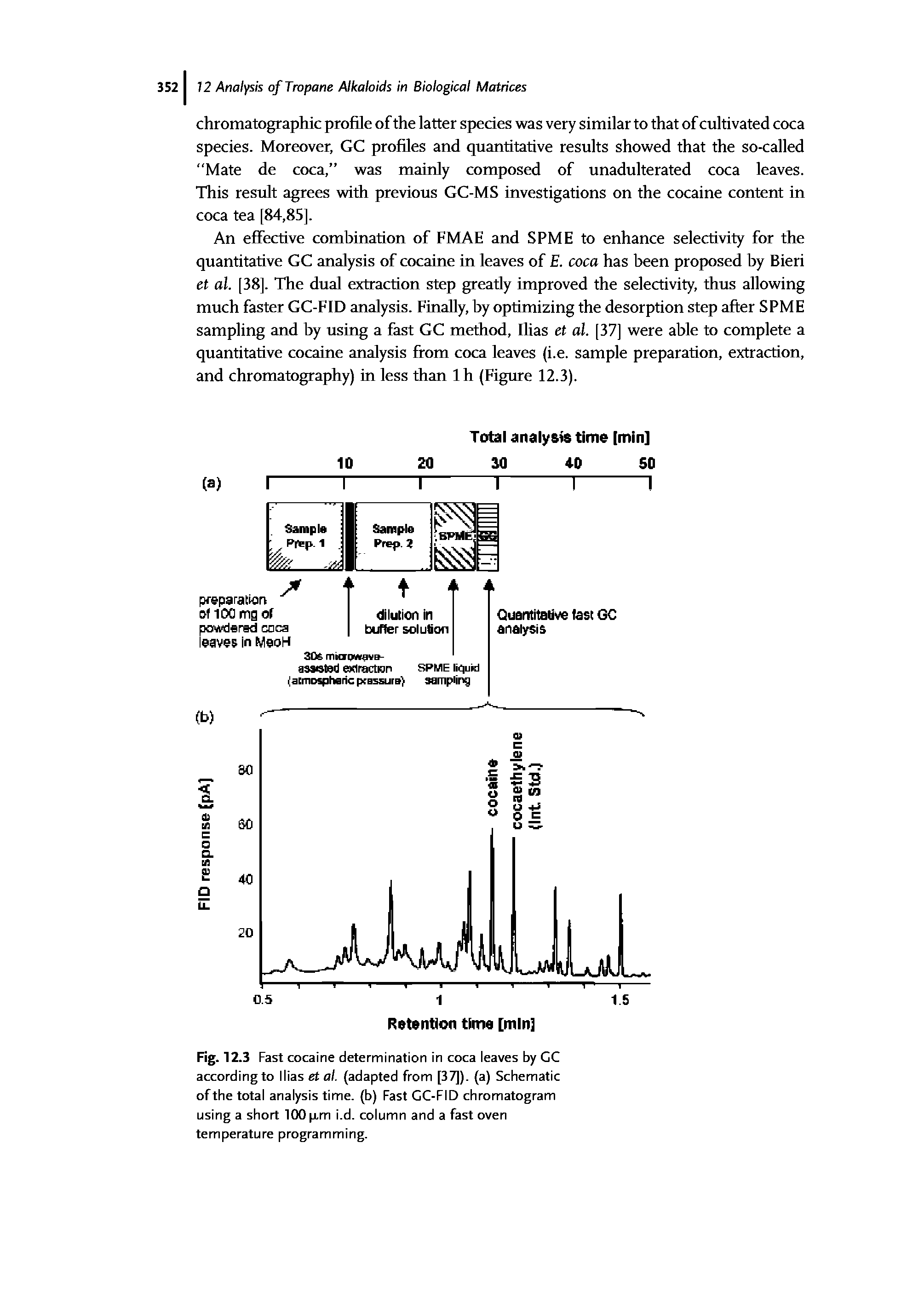 Fig. 12.3 Fast cocaine determination in coca leaves by GC according to Ilias et al. (adapted from [37]). (a) Schematic of the total analysis time, (b) Fast GC-FID chromatogram using a short 100 p,m i.d. column and a fast oven temperature programming.