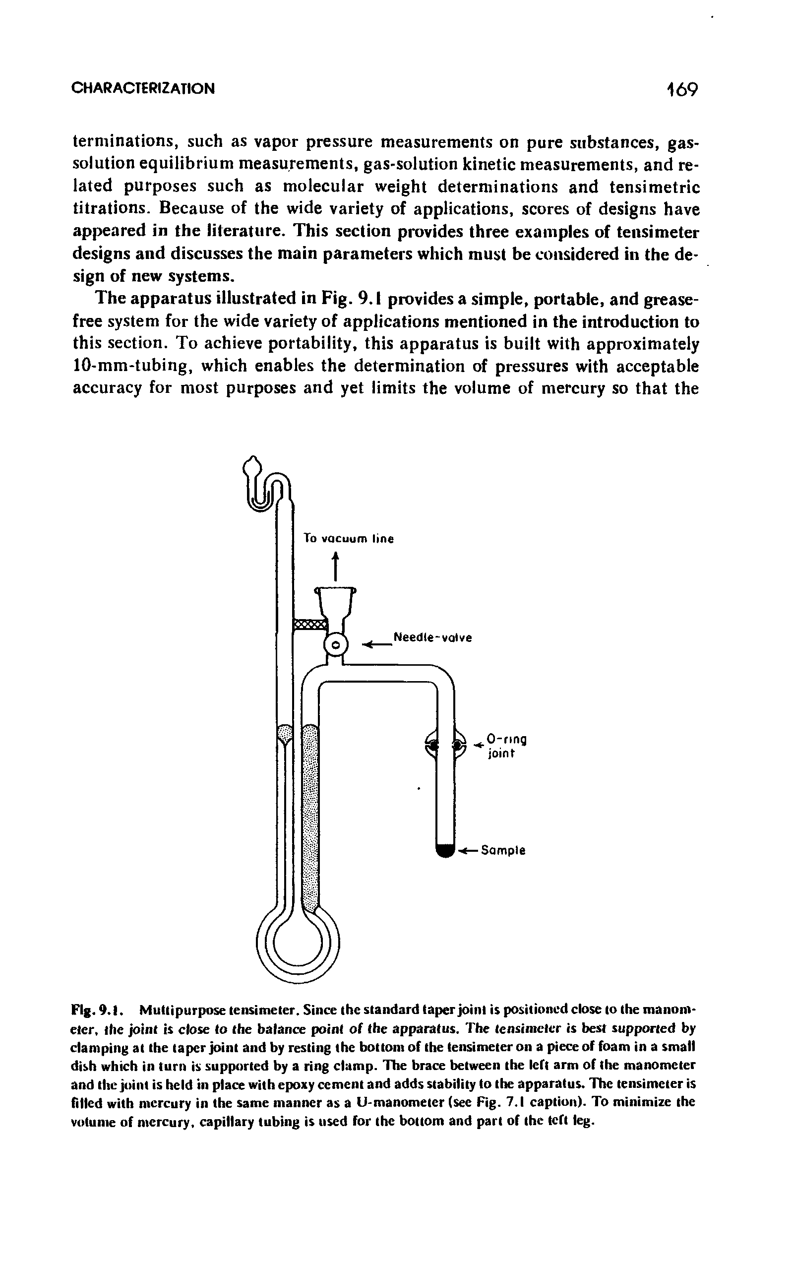 Fig. 9.1. Multipurpose tensimeter. Since the standard taper joint is positioned close to the manometer, the joint is close to the balance point of the apparatus. The tensimeter is best supported by clamping at the taper joint and by resting the bottom of the tensimeter on a piece of foam in a small dish which in turn is supported by a ring clamp. The brace between the left arm of the manometer and the joint is held in place with epoxy cement and adds stability to the apparatus. The tensimeter is Tilled with mercury in the same manner as a U-manometer (see Fig. 7.1 caption). To minimize the votume of mercury, capillary tubing is used for the bottom and part of the teft leg.