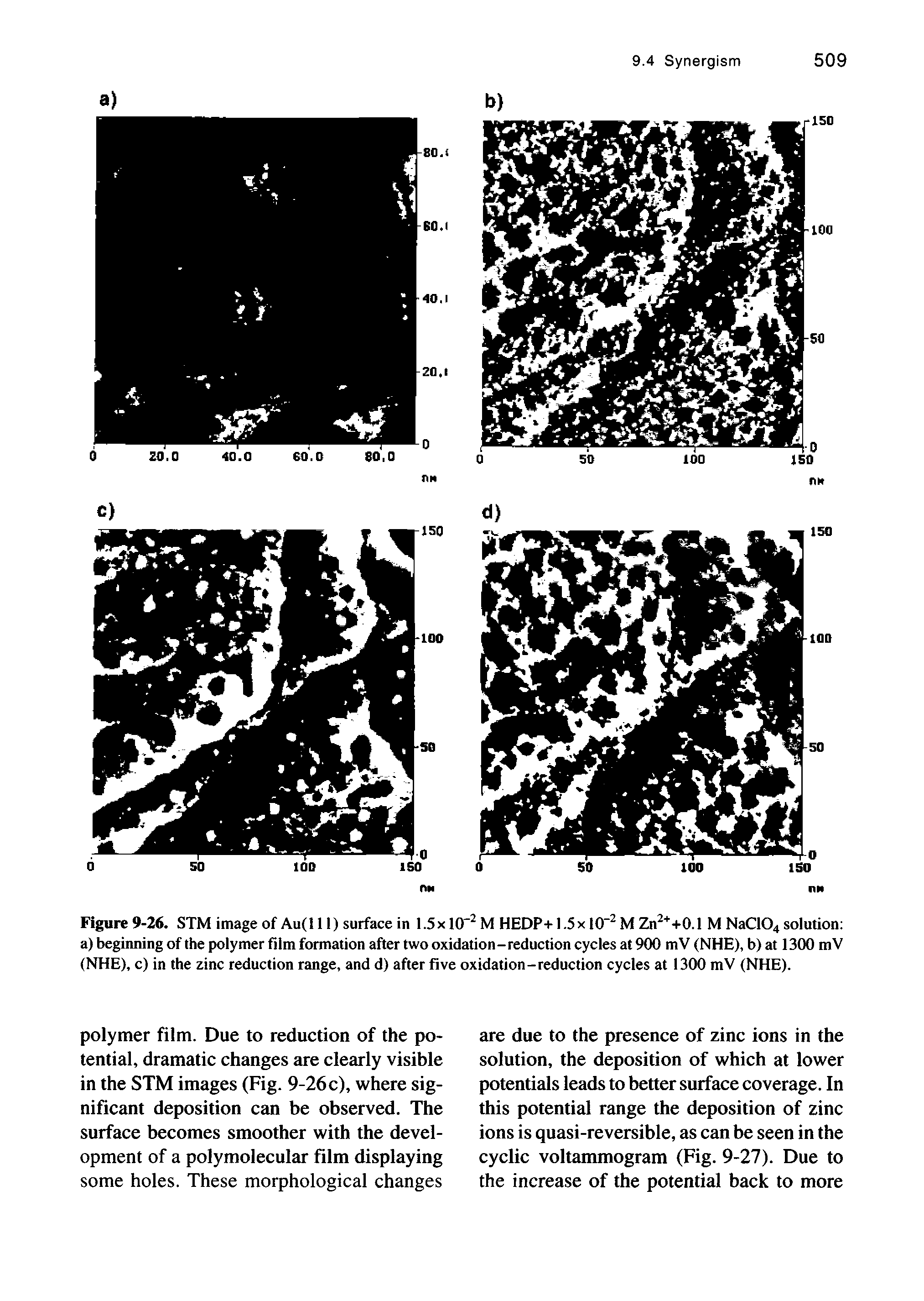 Figure 9-26. STM image of Au(ll I) surface in 1.5xl(T M HEDP+I.5x IO" MZn +0.1 M NaC104 solution a) beginning of the polymer film formation after two oxidation-reduction cycles at 900 mV (NHE), b) at 1300 mV (NHE), c) in the zinc reduction range, and d) after five oxidation-reduction cycles at 1300 mV (NHE).