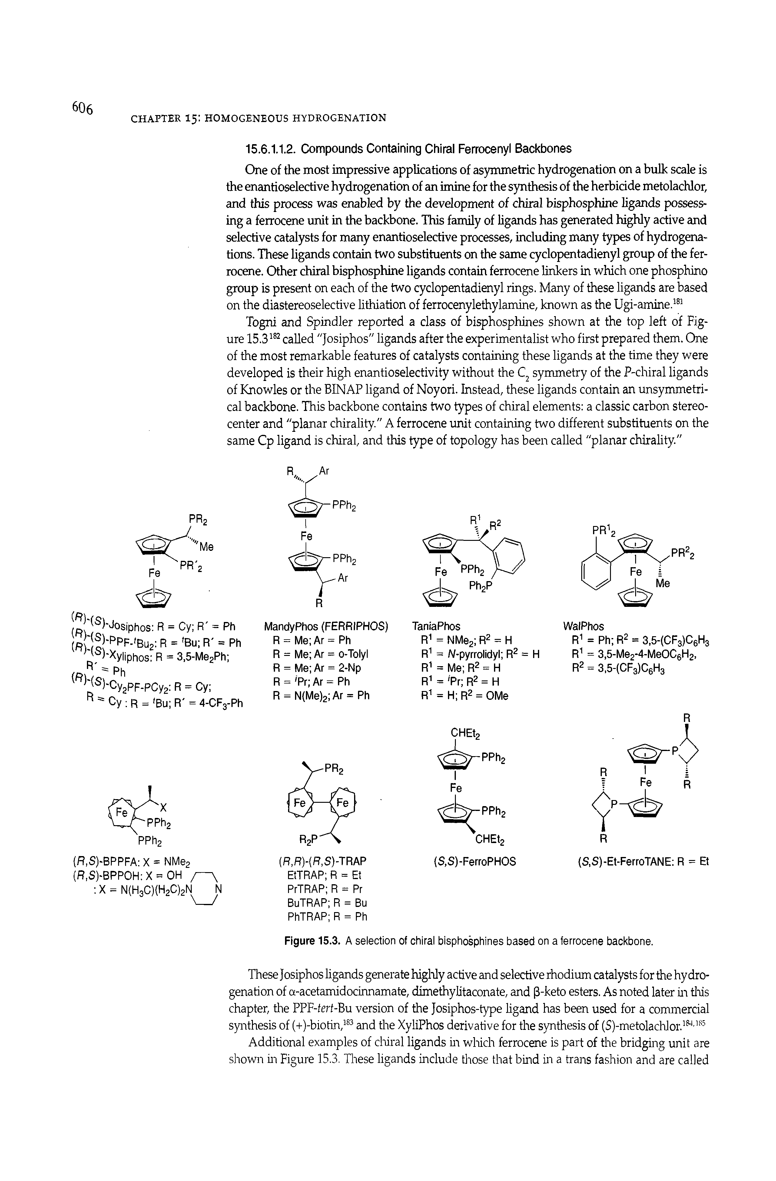 Figure 15.3. A selection of chiral bisphosphines based on a ferrocene backbone.
