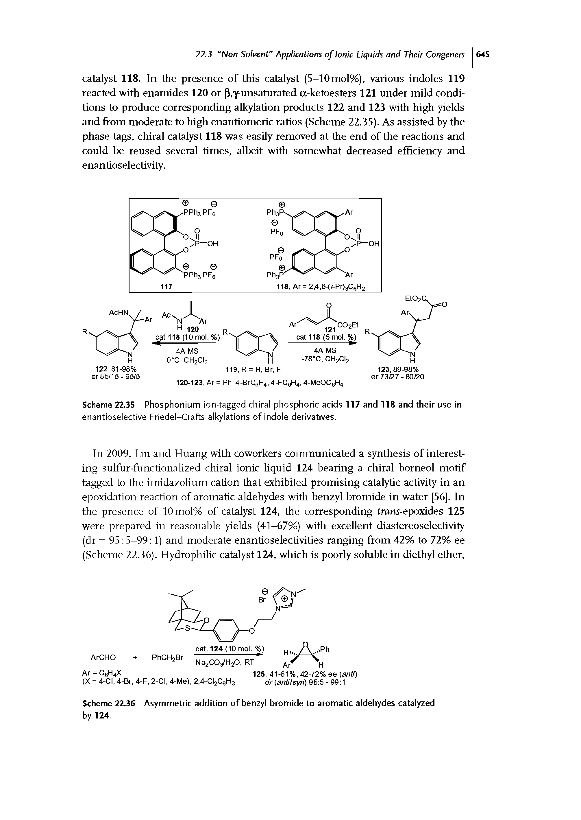 Scheme 22.35 Phosphonium ion-tagged chiral phosphoric acids 117 and 118 and their use in enantioselective Friedel-Crafts alkylations of indole derivatives.
