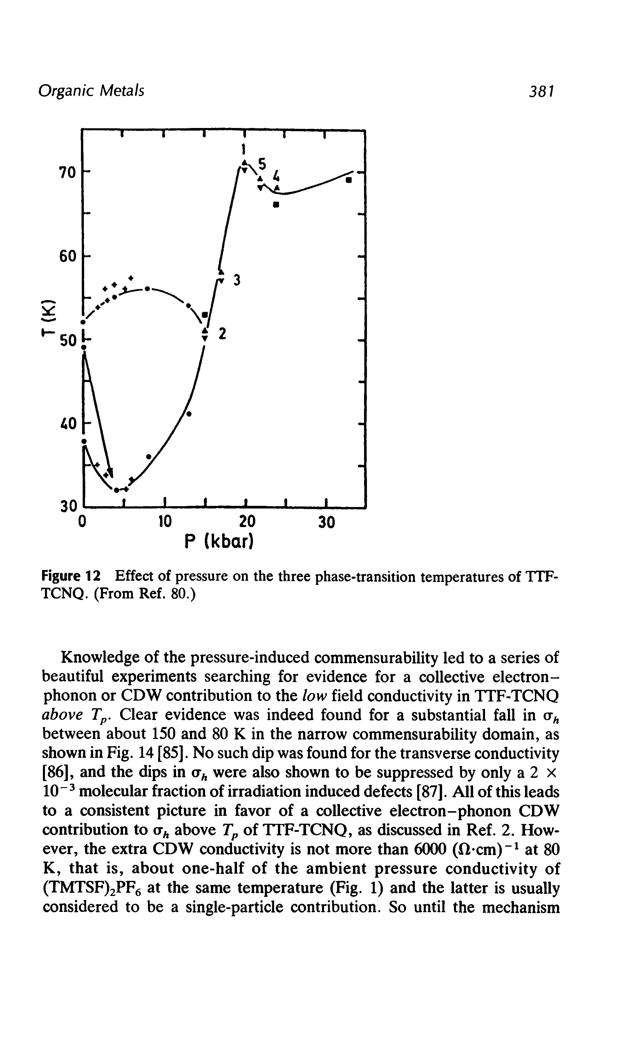 Figure 12 Effect of pressure on the three phase-transition temperatures of TTF-TCNQ. (From Ref. 80.)...
