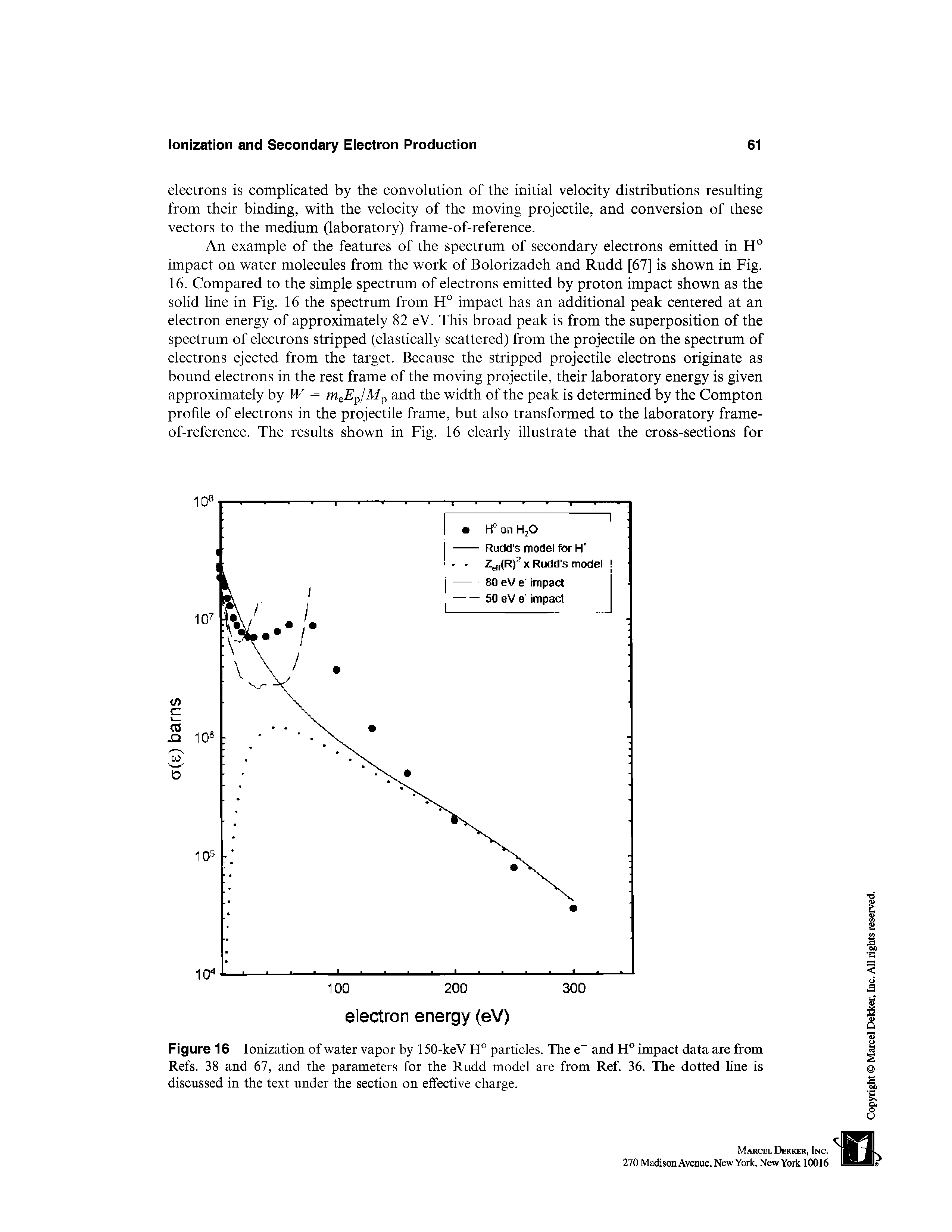 Figure 16 Ionization of water vapor by 150-keV H° particles. The e and H° impact data are from Refs. 38 and 67, and the parameters for the Rudd model are from Ref. 36. The dotted line is discussed in the text under the section on effective charge.