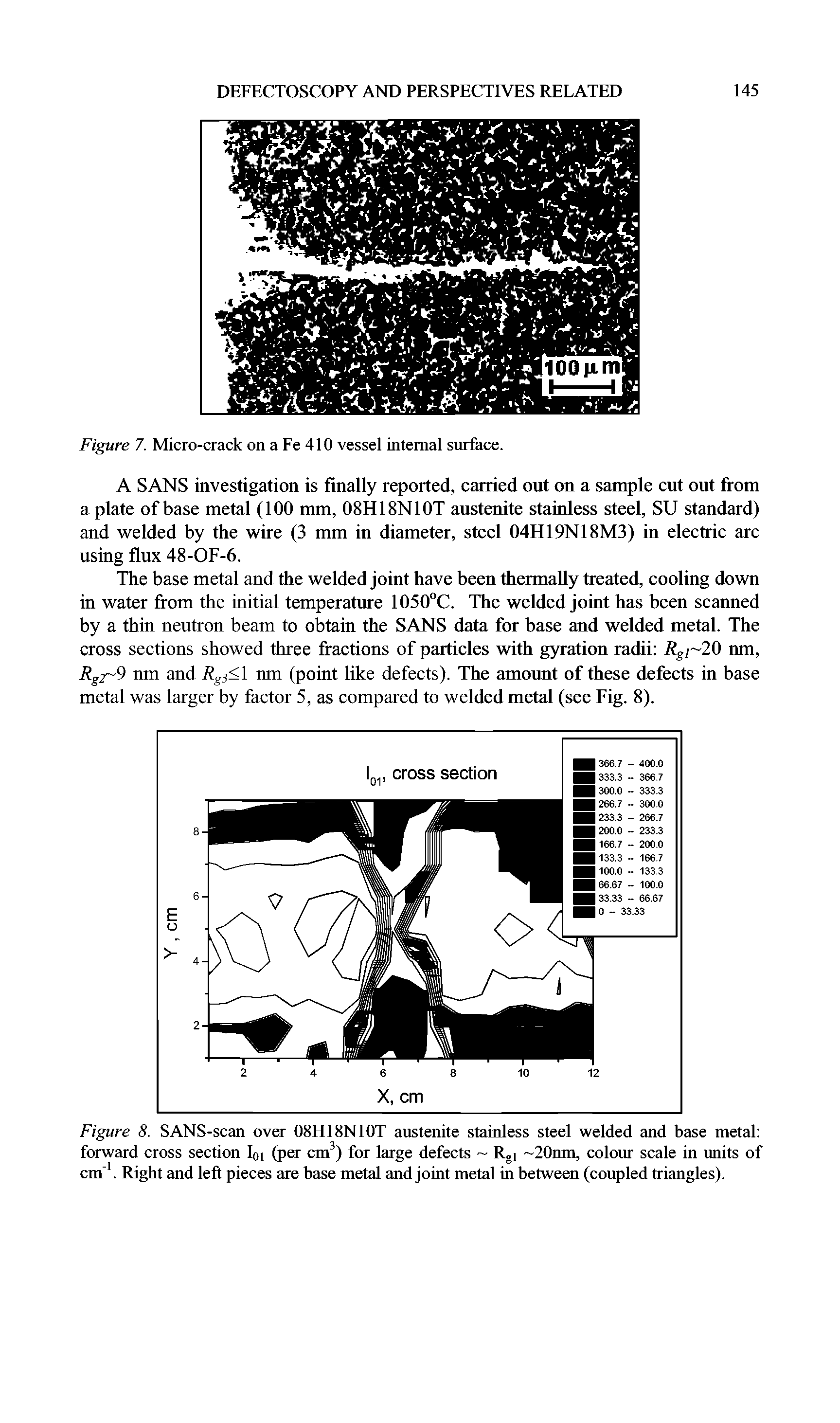 Figure 8. SANS-scan over 08H18N10T austenite stainless steel welded and base metal forward cross section I0i (per cm3) for large defects Rgl 20nm, colour scale in units of cm"1. Right and left pieces are base metal and joint metal in between (coupled triangles).