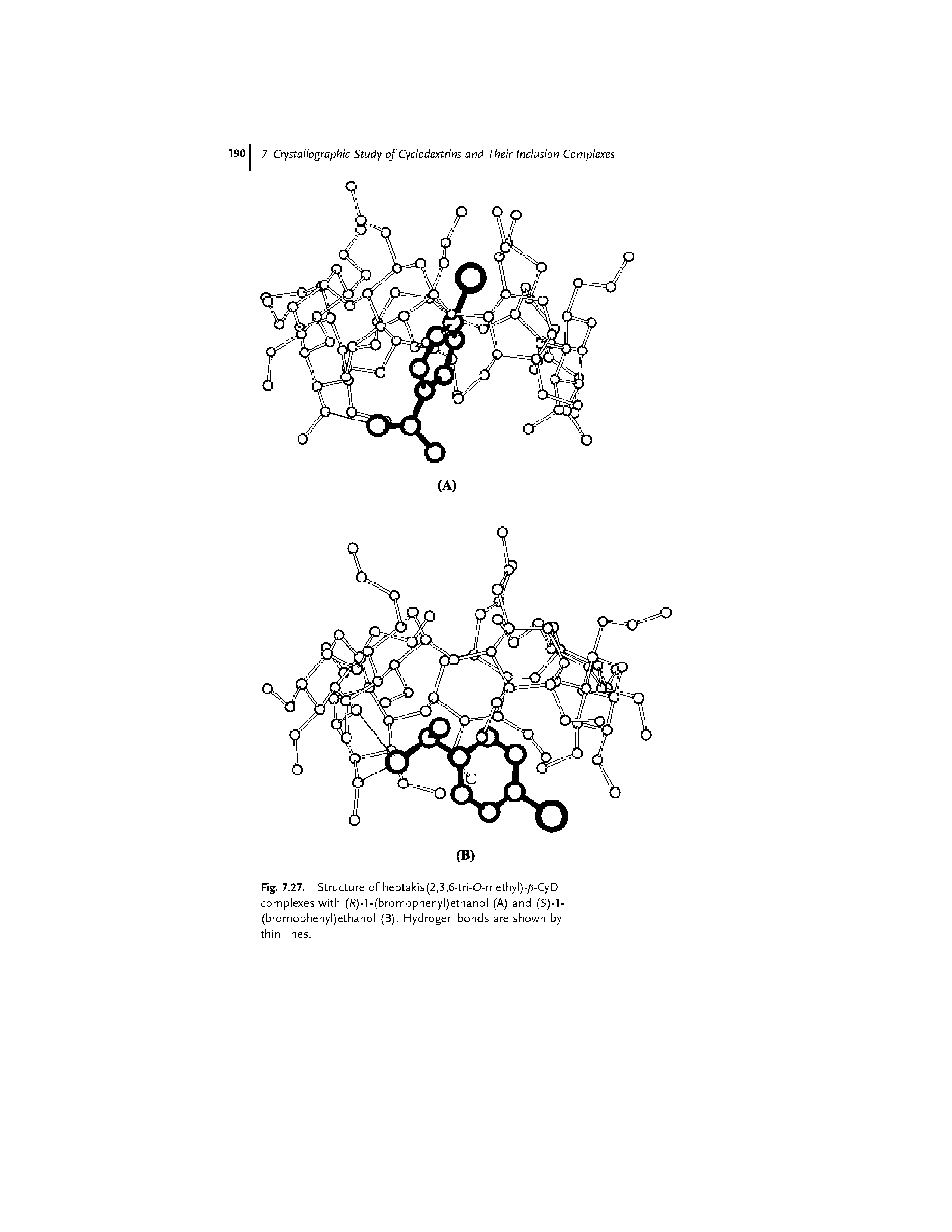 Fig. 7.27. Structure of heptakis(2,3,6-tri-0-methyl)- -CyD complexes with (R)-l-(bromophenyl)ethanol (A) and (S)-l-(bromophenyl)ethanol (B). Hydrogen bonds are shown by thin lines.