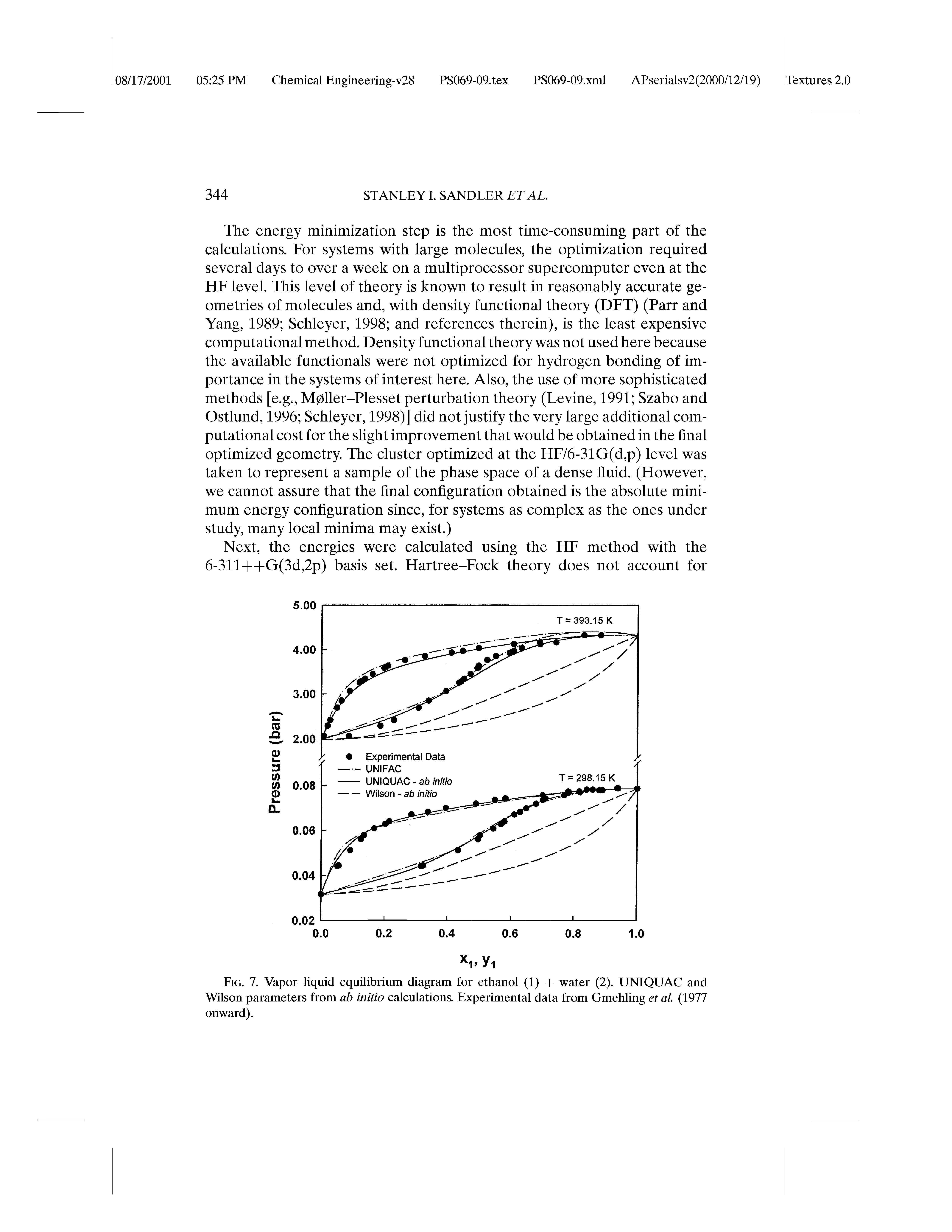 Fig. 7. Vapor-liquid equilibrium diagram for ethanol (1) + water (2). UNIQUAC and Wilson parameters from ab initio calculations. Experimental data from Gmehling et al. (1977 onward).