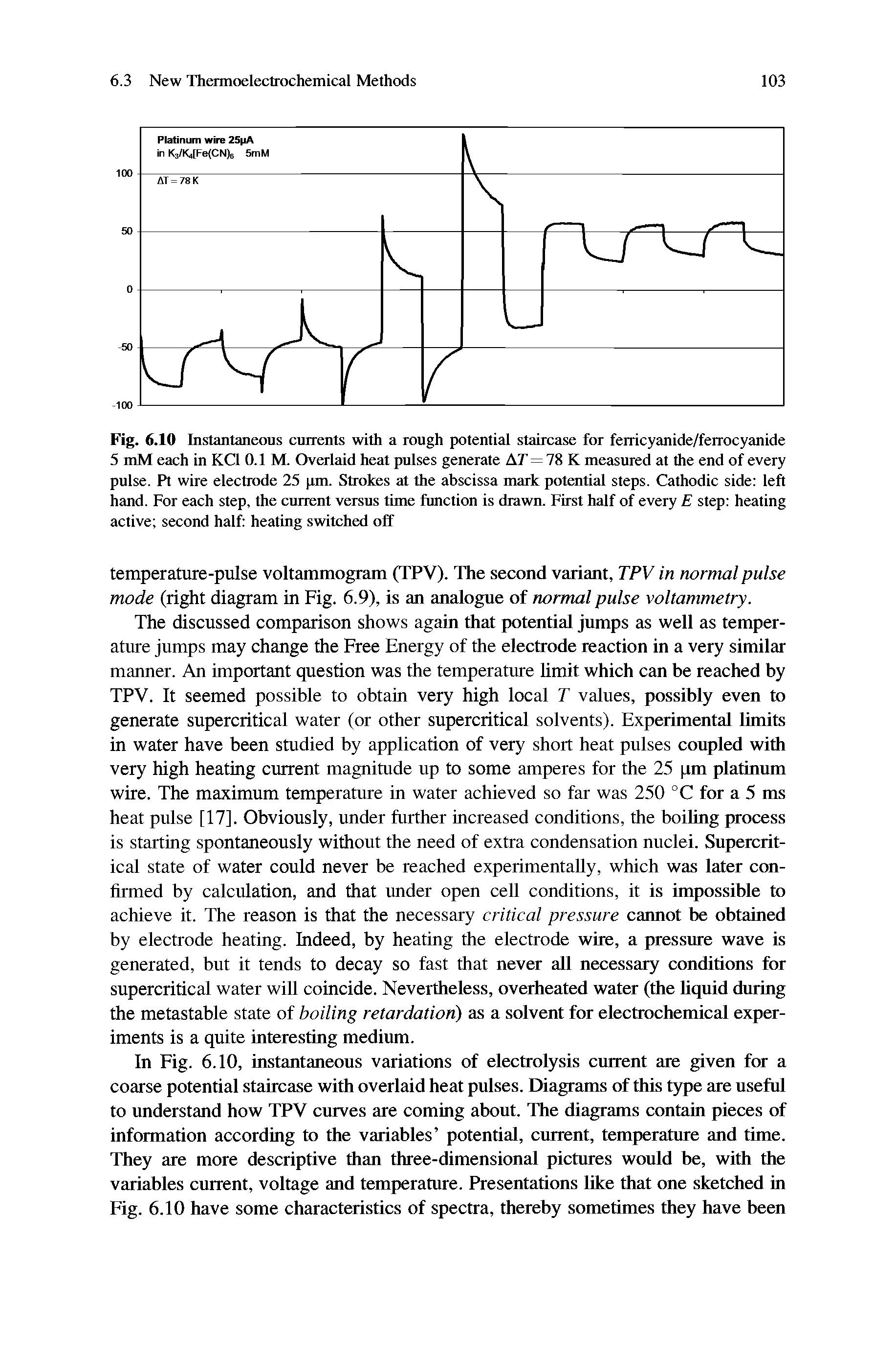 Fig. 6.10 Instantaneous currents with a rough potential staircase for ferricyanide/ferrocyanide 5 inM each in KCl 0.1 M. Overlaid heat pulses generate AT=78 K measured at the end of every pulse. Pt wire electrode 25 pm. Strokes at the abscissa mark potrmtial steps. Cathodic side left hand. For each step, the current versus time function is drawn. First half of every E step heating active second half heating switched off...
