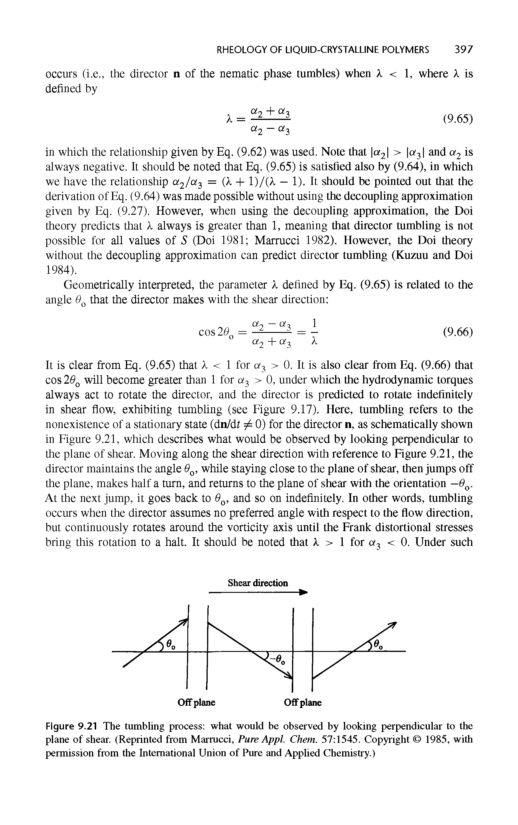 Figure 9.21 The tumbling process what would be observed by looking perpendicular to the plane of shear. (Reprinted from Marrucci, Pure Appl. Chem. 57 1545. Copyright 1985, with permission from the International Union of Pure and Applied Chemistry.)...