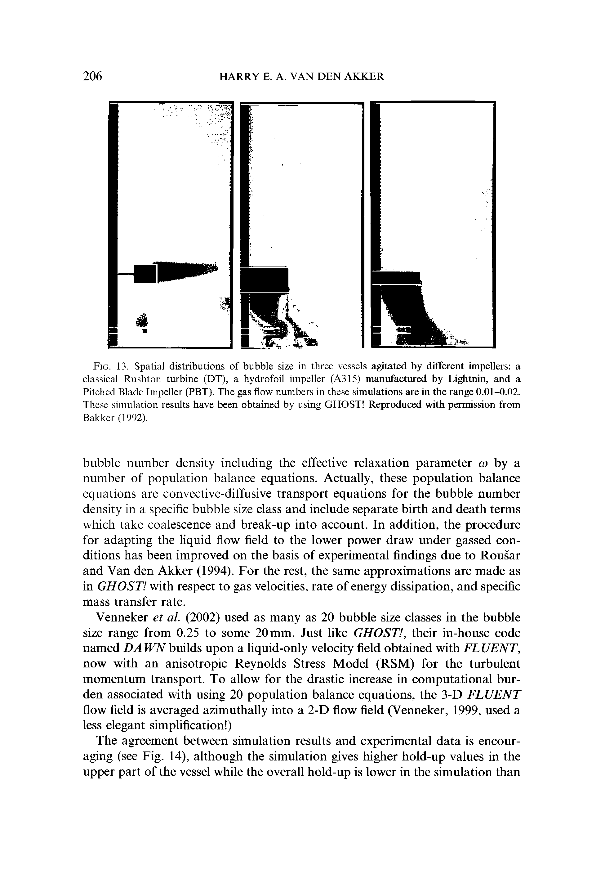 Fig. 13. Spatial distributions of bubble size in three vessels agitated by different impellers a classical Rushton turbine (DT), a hydrofoil impeller (A315) manufactured by Lightnin, and a Pitched Blade Impeller (PBT). The gas flow numbers in these simulations are in the range 0.01-0.02. These simulation results have been obtained by using GHOST Reproduced with permission from Bakker (1992).