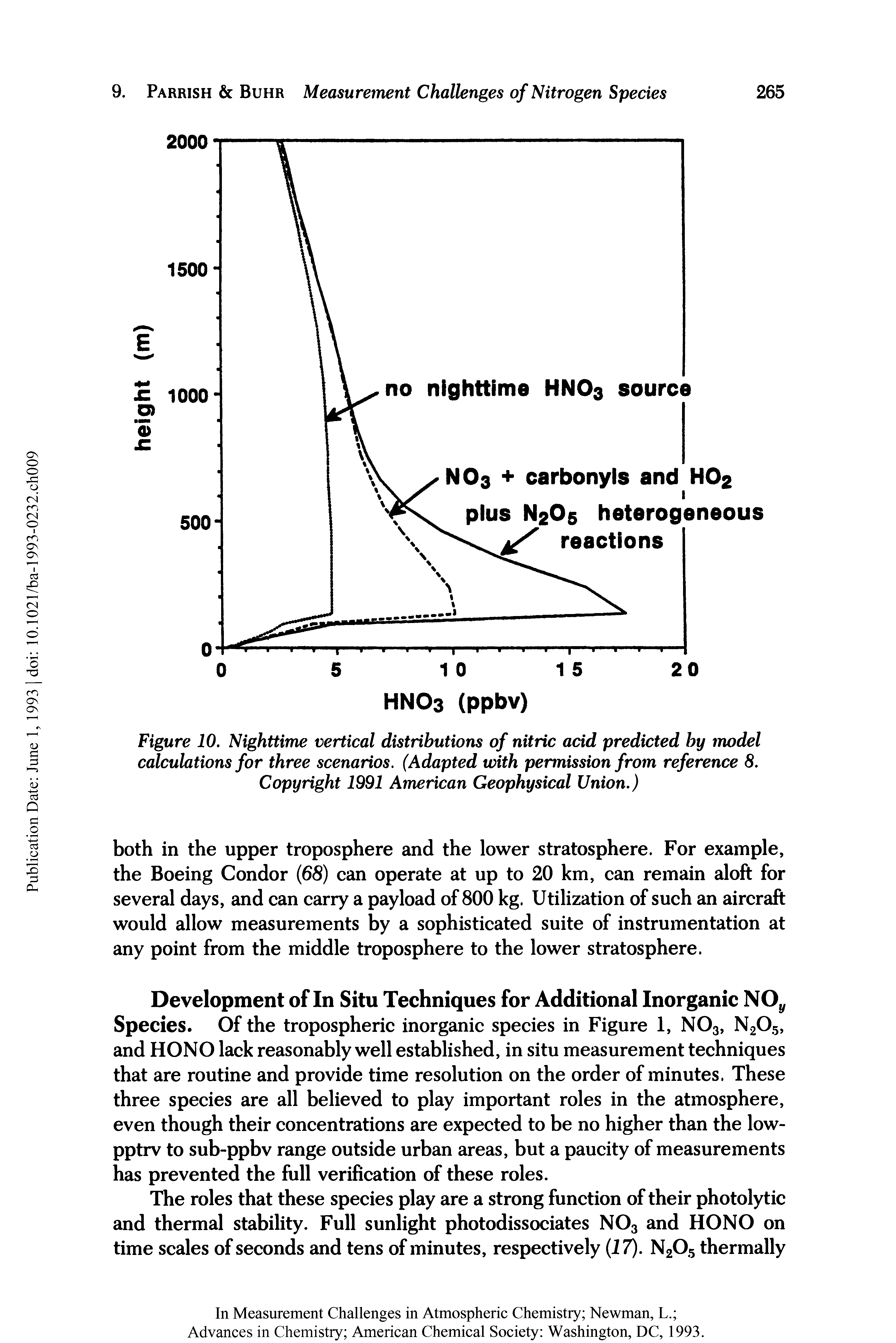 Figure 10. Nighttime vertical distributions of nitric acid predicted by model calculations for three scenarios. (Adapted with permission from reference 8. Copyright 1991 American Geophysical Union.)...