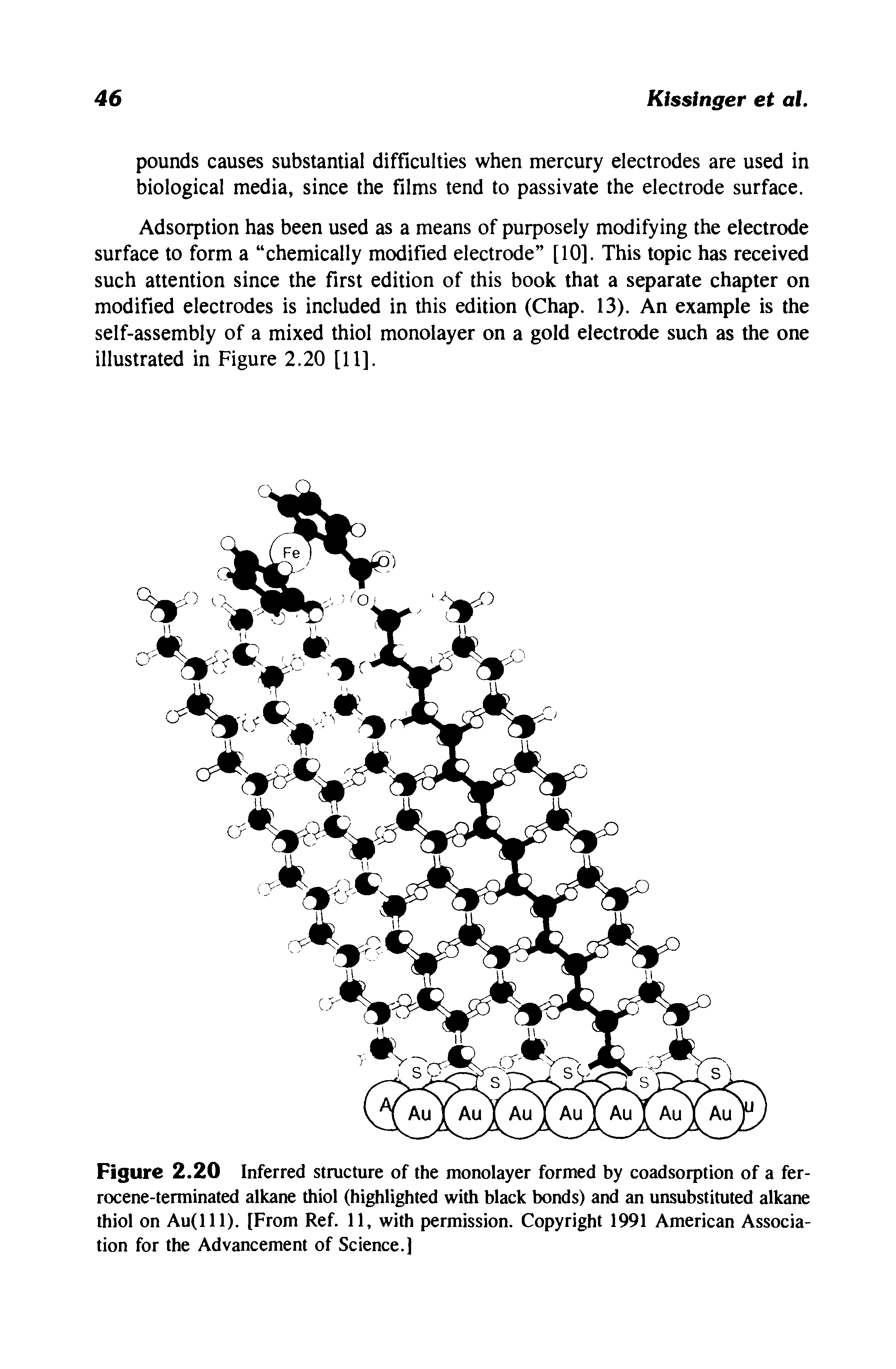 Figure 2.20 Inferred structure of the monolayer formed by coadsorption of a ferrocene-terminated alkane thiol (highlighted with black bonds) and an unsubstituted alkane thiol on Au(lll). [From Ref. 11, with permission. Copyright 1991 American Association for the Advancement of Science.]...