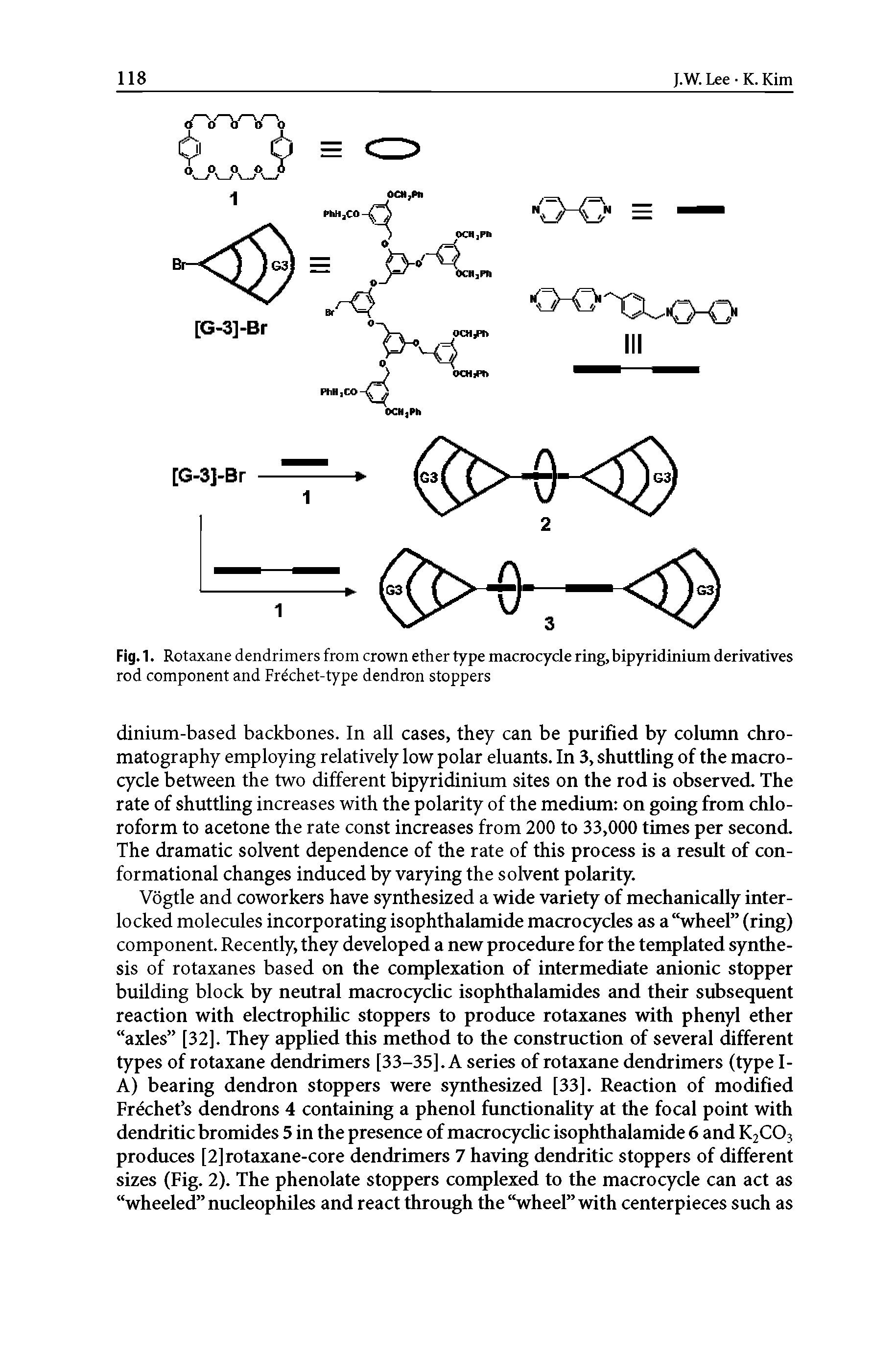 Fig.1. Rotaxane dendrimers from crown ether type macrocycle ring, bipyridinimn derivatives rod component and Frechet-type dendron stoppers...