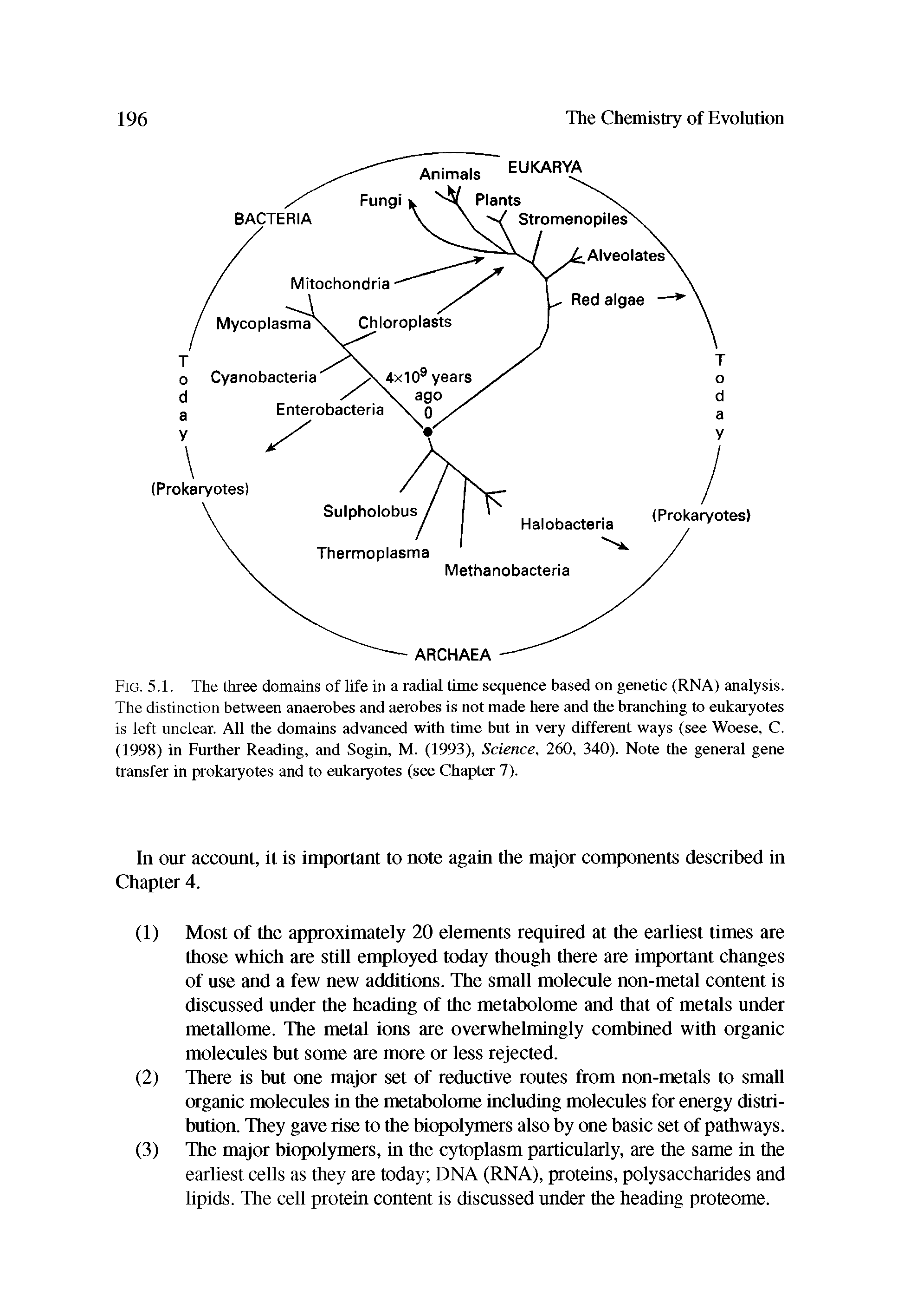 Fig. 5.1. The three domains of life in a radial time sequence based on genetic (RNA) analysis. The distinction between anaerobes and aerobes is not made here and the branching to eukaryotes is left unclear. All the domains advanced with time but in very different ways (see Woese, C. (1998) in Further Reading, and Sogin, M. (1993), Science, 260, 340). Note the general gene transfer in prokaryotes and to eukaryotes (see Chapter 7).
