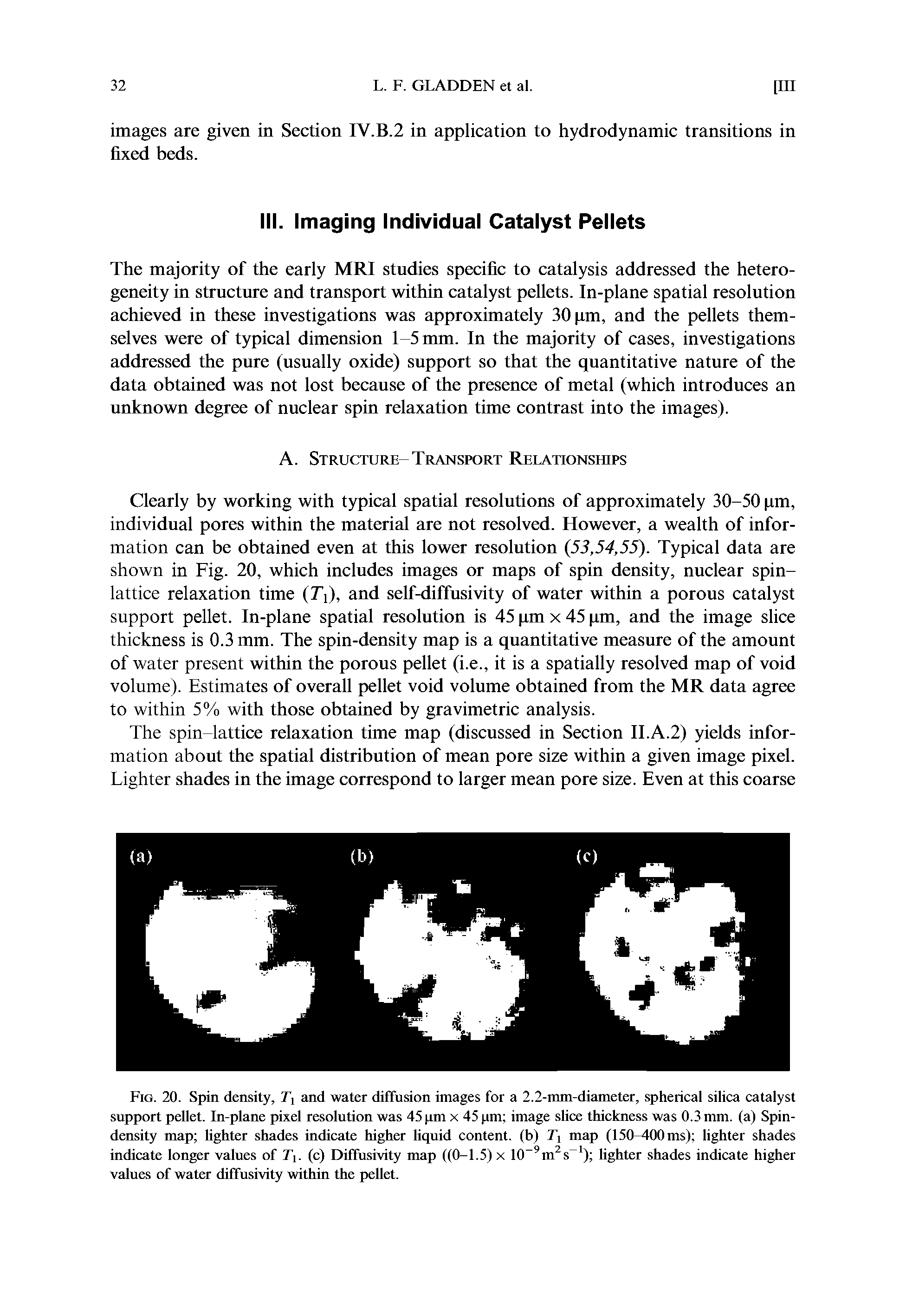 Fig. 20. Spin density, and water diffusion images for a 2.2-inm-diameter, spherical silica catalyst support pellet. In-plane pixel resolution was 45 pm x 45 pm image slice thickness was 0.3 mm. (a) Spin-density map lighter shades indicate higher liquid content, (b) map (150 00 ms) lighter shades indicate longer values of Ti. (c) Diffusivity map ((0-1.5) x 10 m s ) lighter shades indicate higher values of water diffusivity within the pellet.