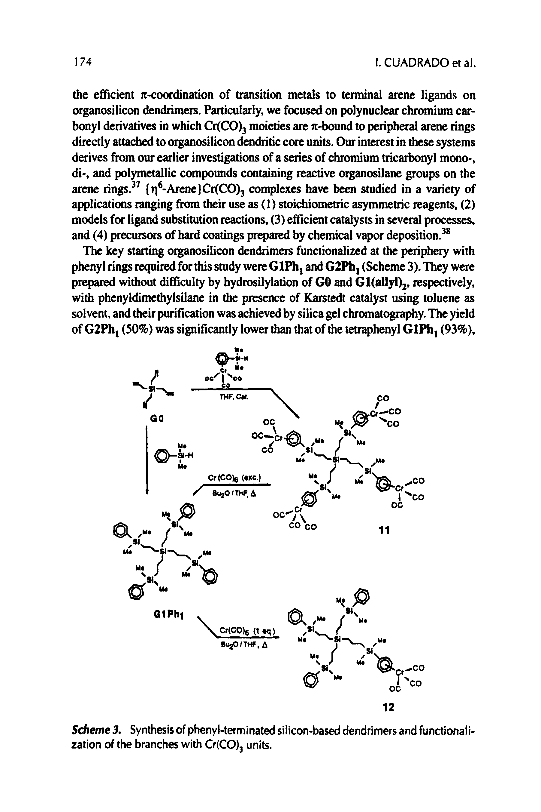 Scheme 3. Synthesis of phenyl-terminated silicon-based dendrimers and functionalization of the branches with Cr(CO)j units.