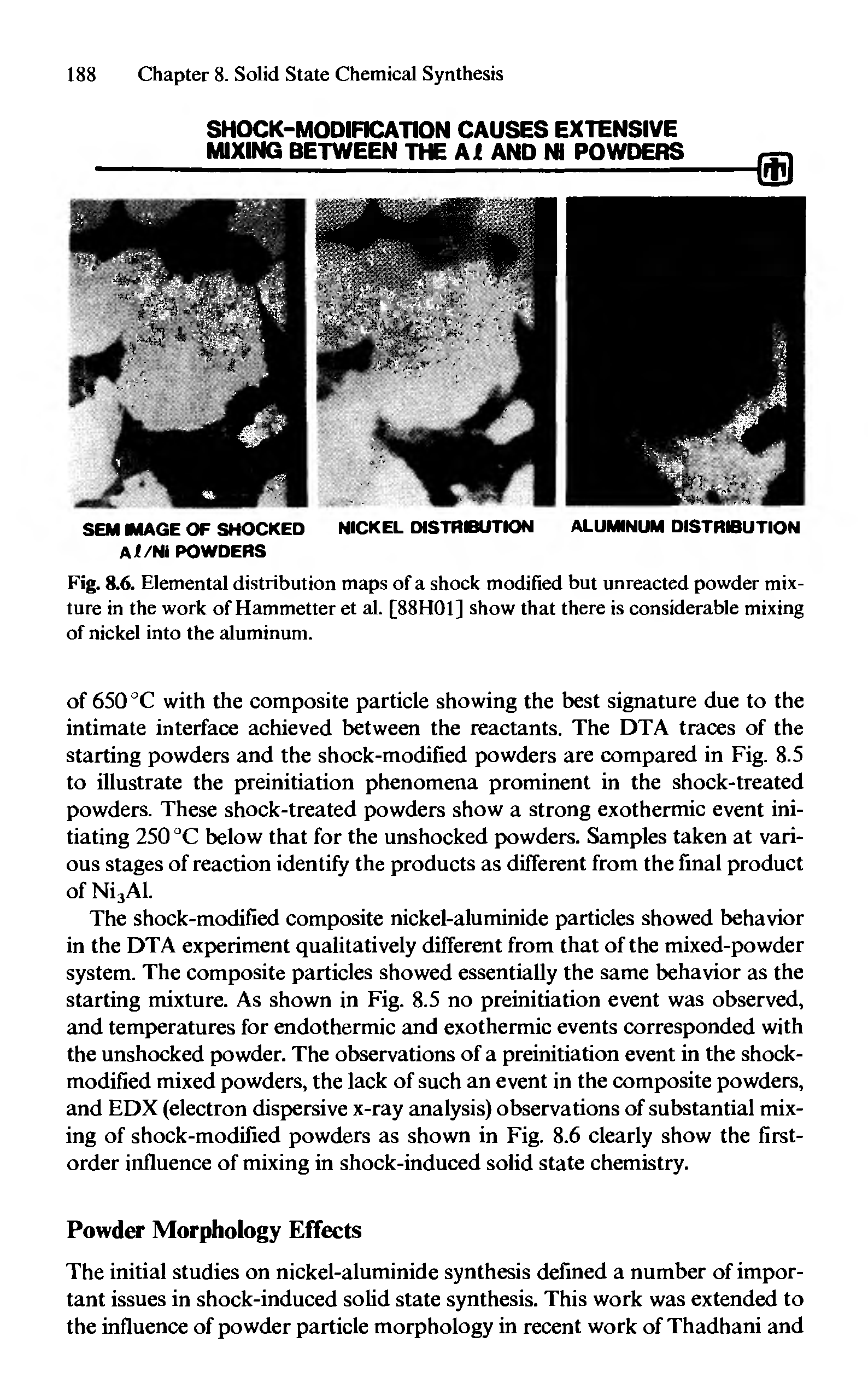 Fig. 8.6. Elemental distribution maps of a shoek modified but unreaeted powder mixture in the work of Hammetter et al. [88H01] show that there is eonsiderable mixing of niekel into the aluminum.