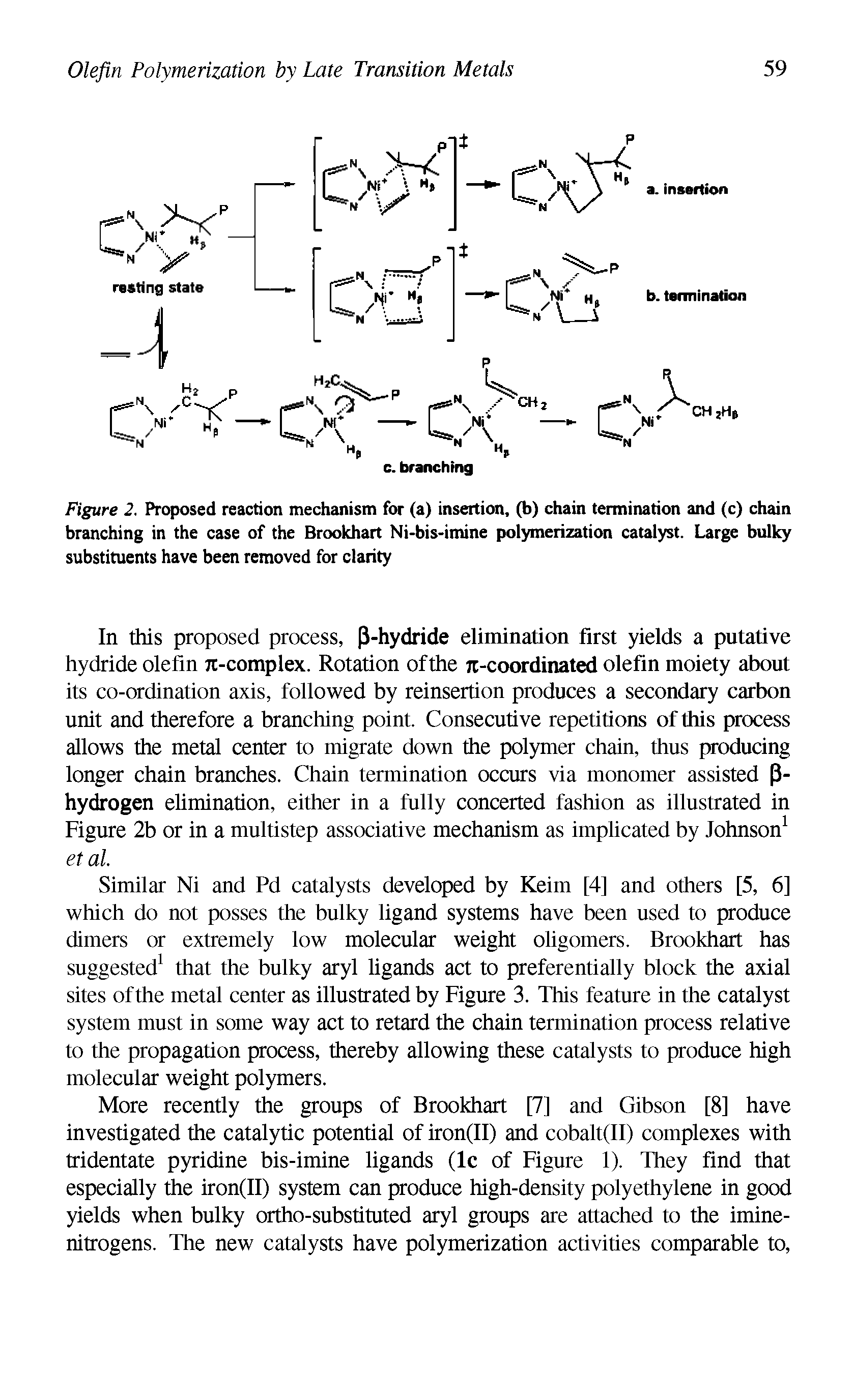 Figure 2. Proposed reaction mechanism for (a) insertion, (b) chain termination and (c) chain branching in the case of the Brookhart Ni-bis-imine polymerization catalyst. Large bulky substituents have been removed for clarity...