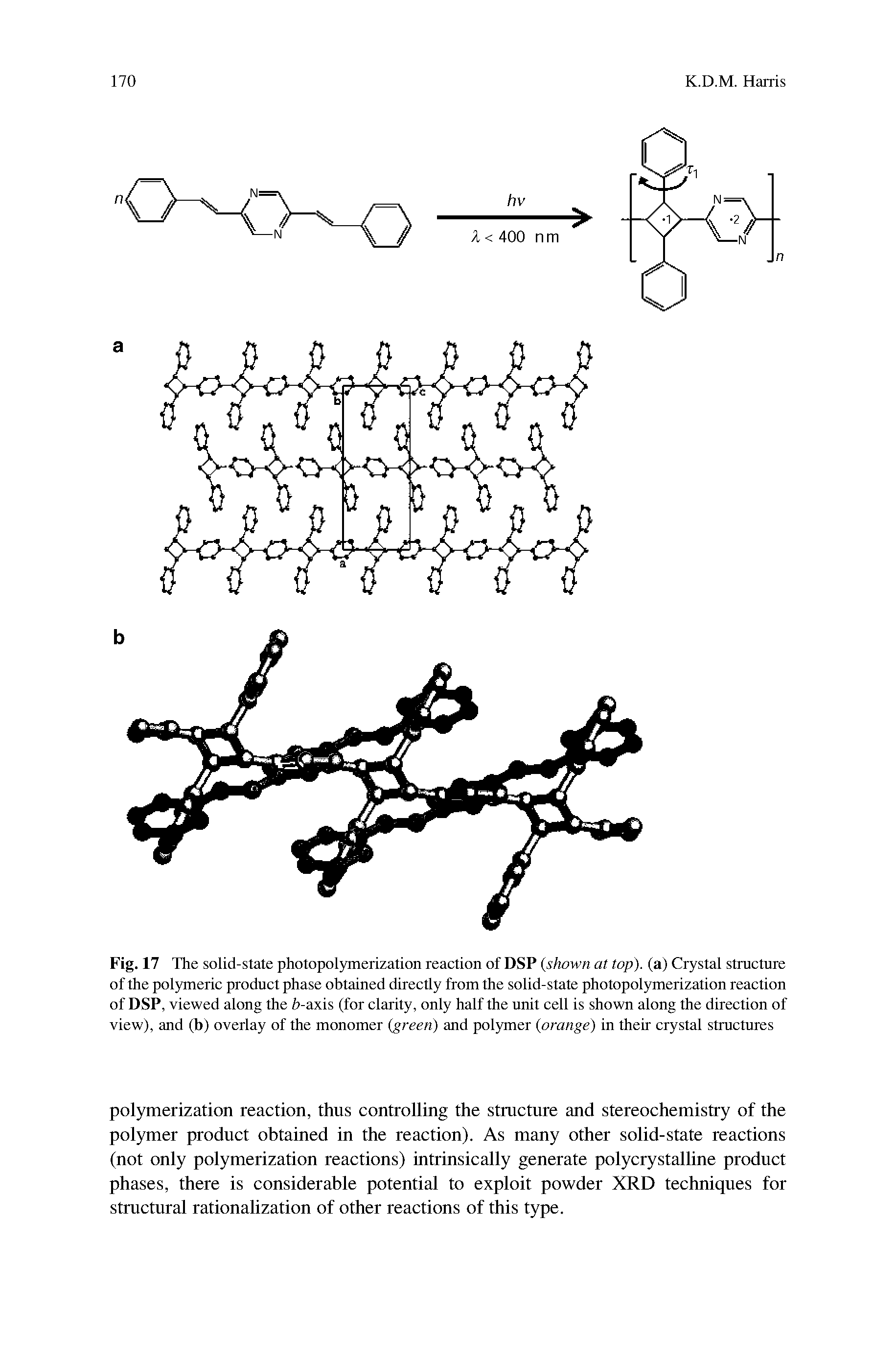 Fig. 17 The solid-state photopolymerization reaction of DSP (shown at top), (a) Crystal structure of the polymeric product phase obtained directly from the solid-state photopolymerization reaction of DSP, viewed along the i)-axis (for clarity, only half the unit cell is shown along the direction of view), and (b) overlay of the monomer (green) and polymer (orange) in their crystal structures...