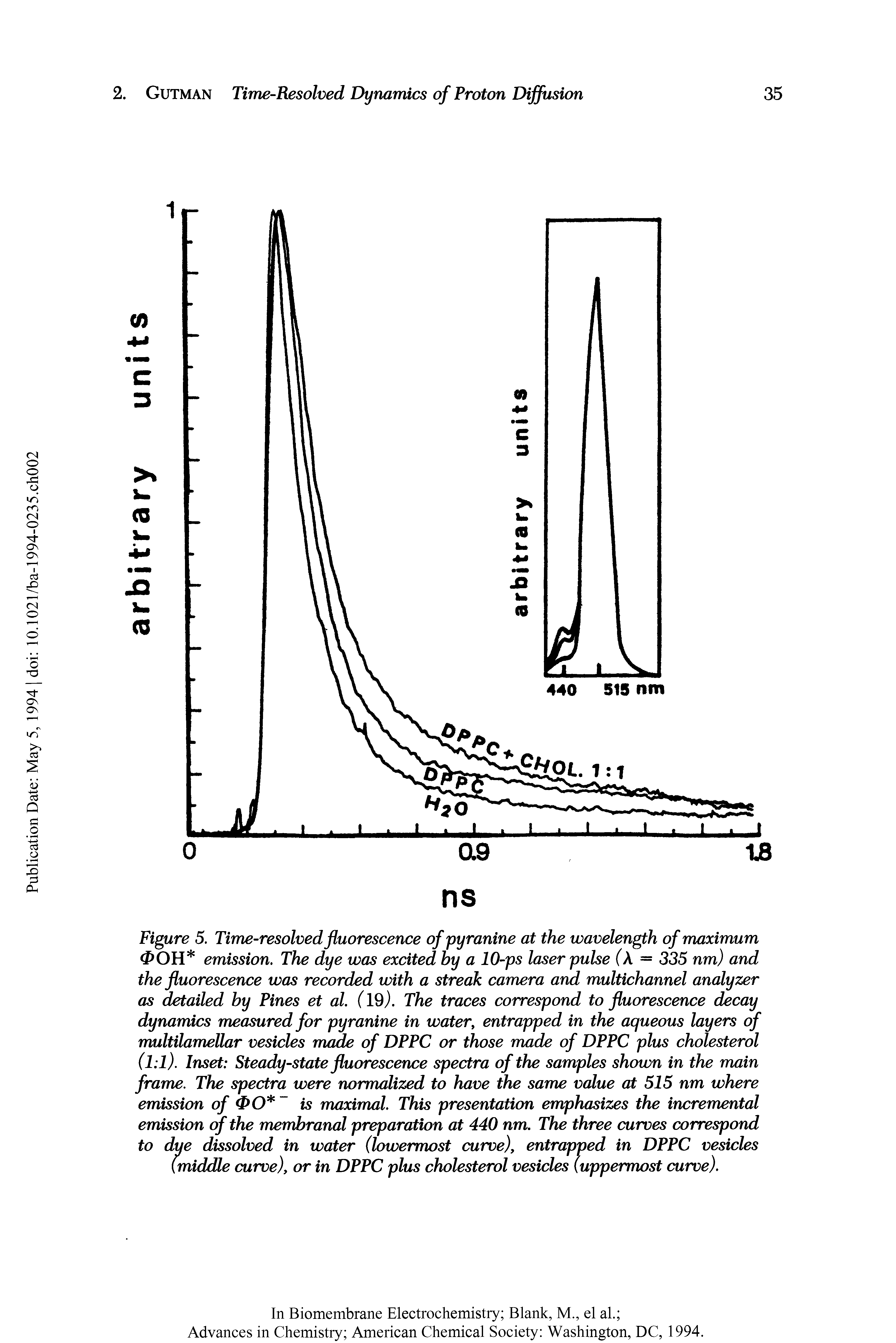 Figure 5. Time-resolved fluorescence of pyranine at the wavelength of maximum <P OH emission. The dye was excited by a 10-ps laser pulse ( = 335 nm) and the fluorescence was recorded with a streak camera and multichannel analyzer as detailed by Pines et al. (19,). The traces correspond to fluorescence decay dynamics measured for pyranine in water, entrapped in the aqueous layers of multilamellar vesicles made of DPPC or those made of DPPC plus cholesterol (hi). Inset Steady-state fluorescence spectra of the samples shown in the main frame. The spectra were normalized to have the same value at 515 nm where emission of <PO is maximal. This presentation emphasizes the incremental emission of the membranal preparation at 440 nm. The three curves correspond to dye dissolved in water (lowermost curve), entrapped in DPPC vesicles (middle curve), or in DPPC plus cholesterol vesicles (uppermost curve).