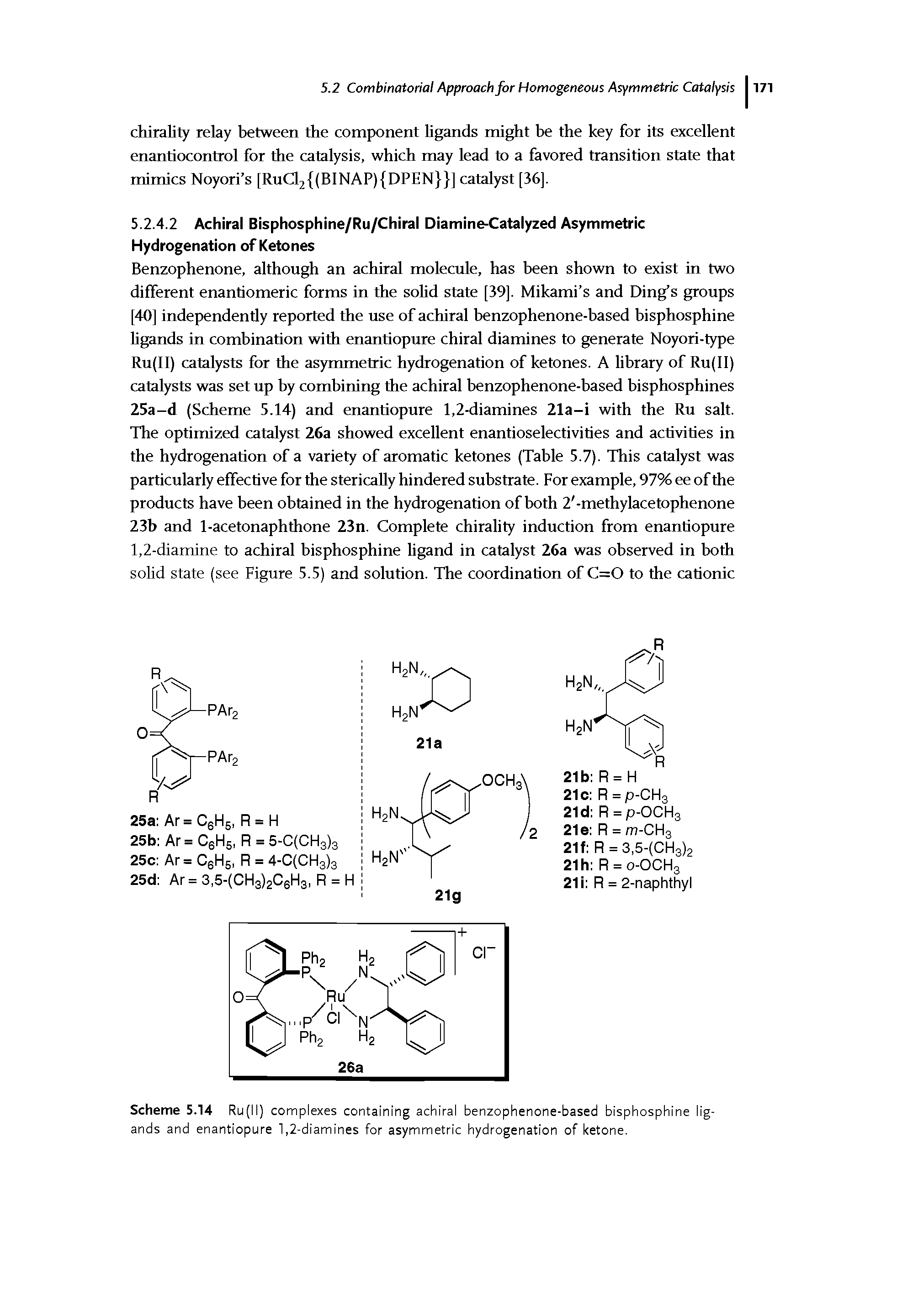 Scheme 5.14 Ru(ll) complexes containing achiral benzophenone-based bisphosphine ligands and enantiopure 1,2-diamines for asymmetric hydrogenation of ketone.