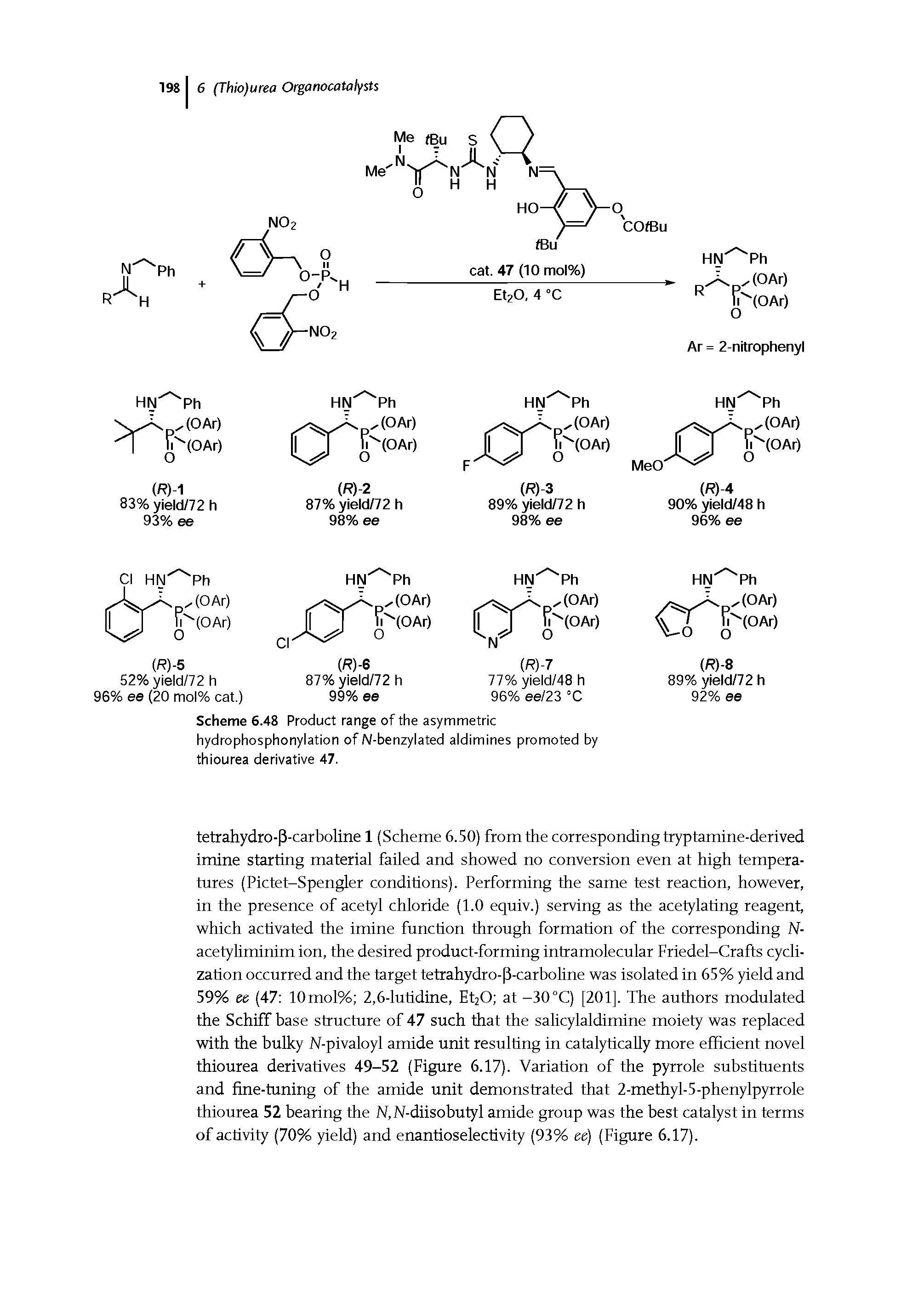 Scheme 6.48 Product range of the asymmetric hydrophosphonylation of N-benzylated aldimines promoted by thiourea derivative 47.